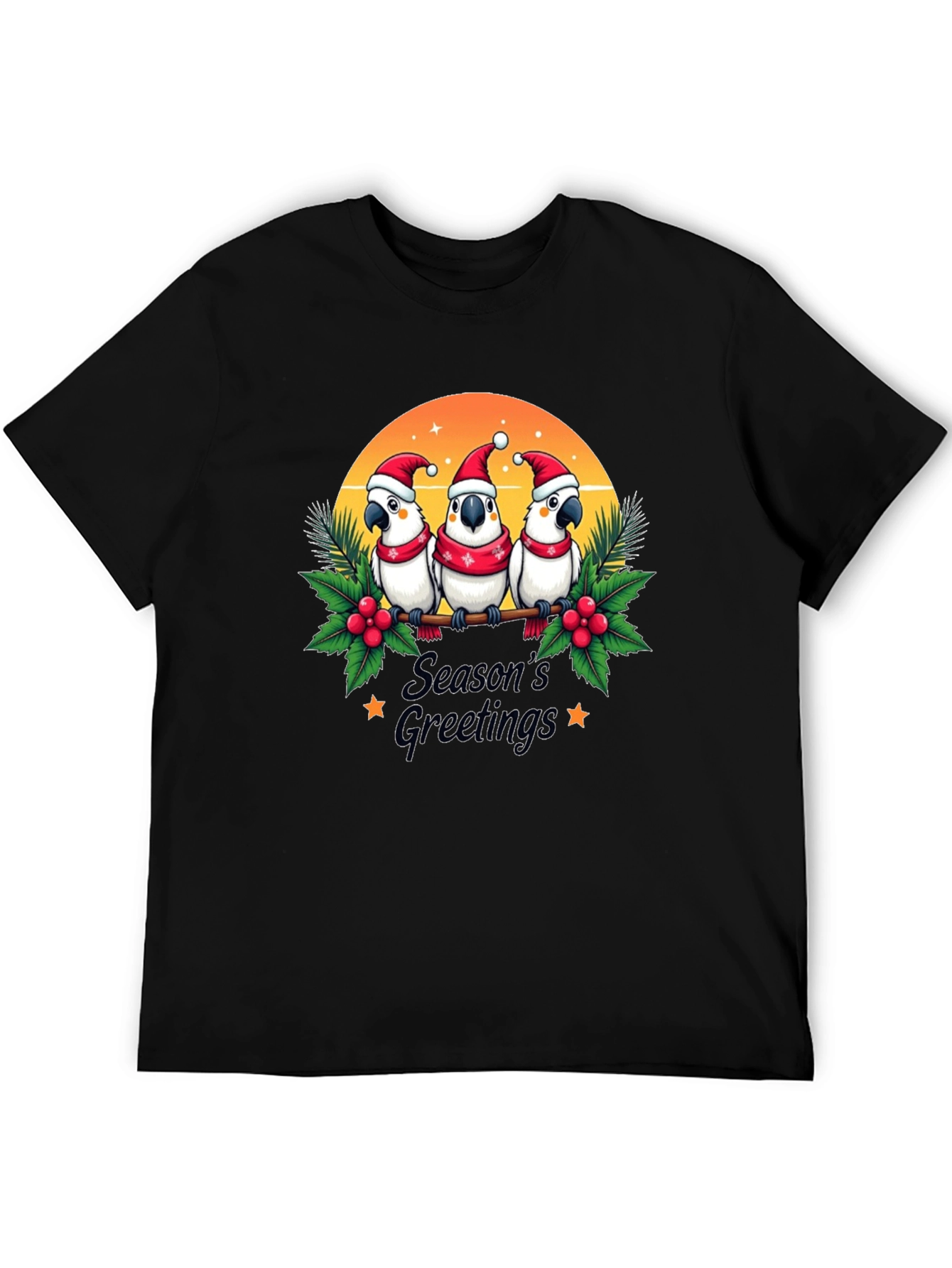 Black Festive Holiday Parrots T-Shirt view 5