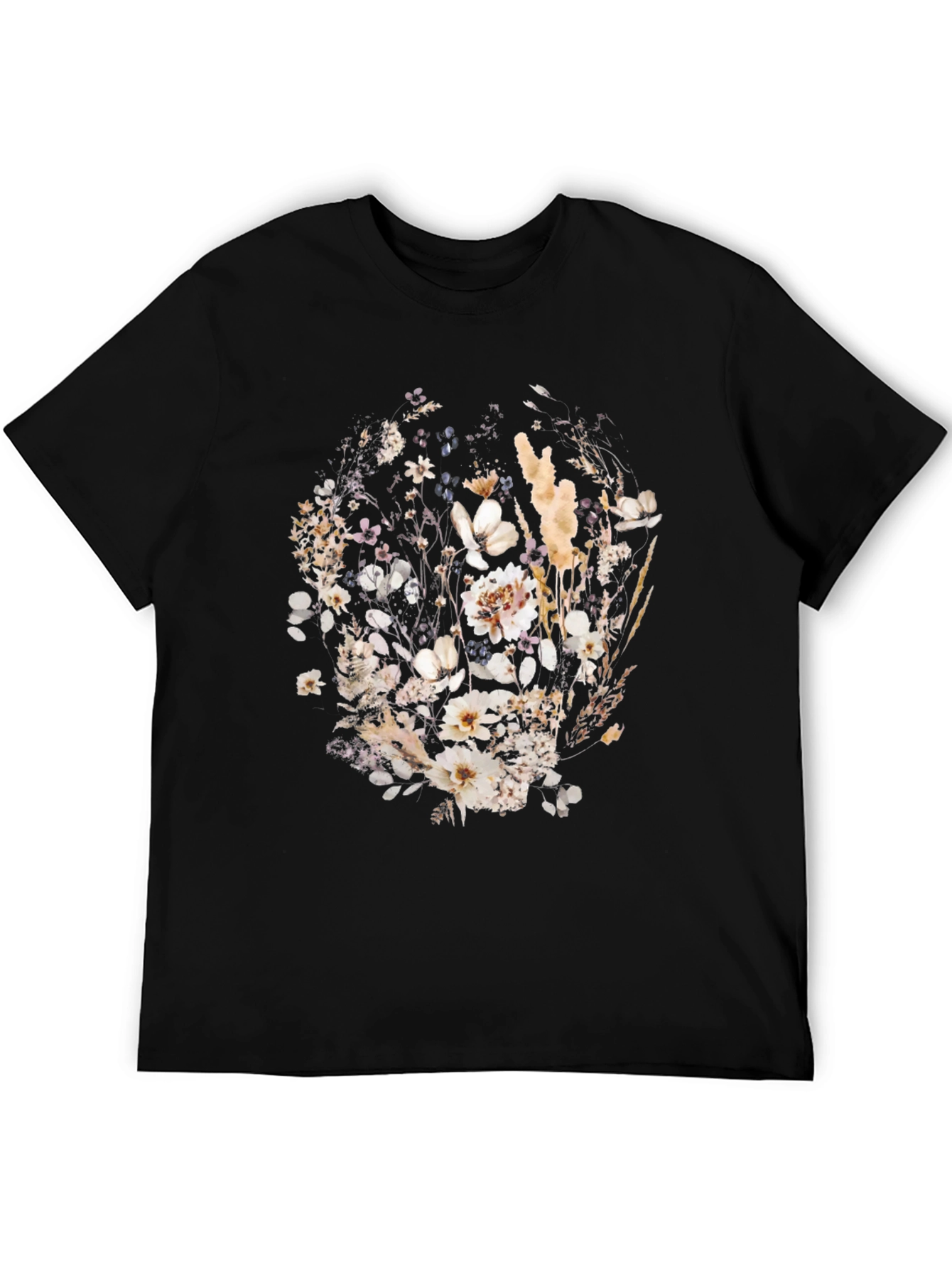 Black Floral Print Black Crew Neck T-Shirt view 5