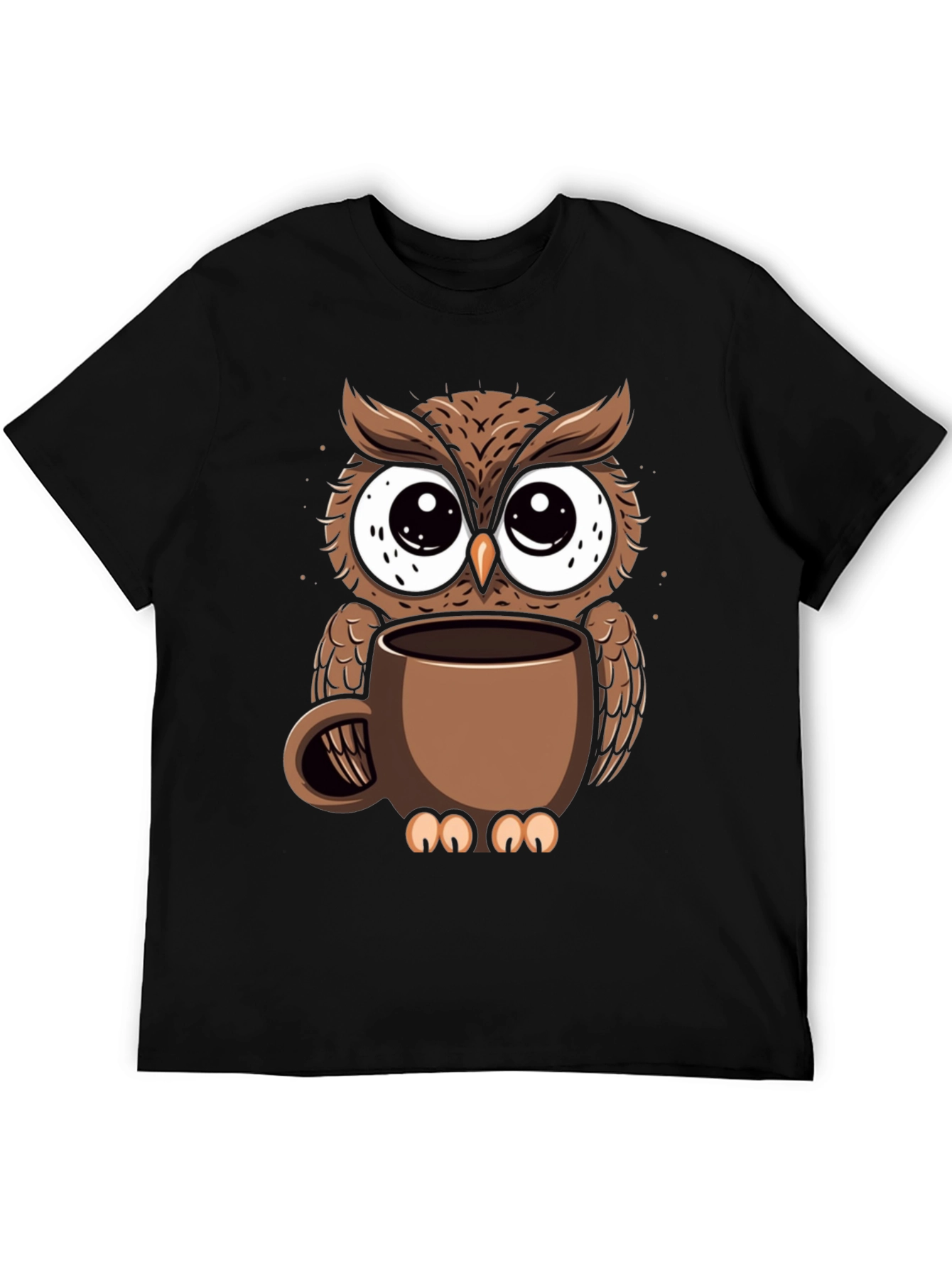 Black Owl Coffee Cup T-Shirt - Whimsical Bird Lover Tee view 5