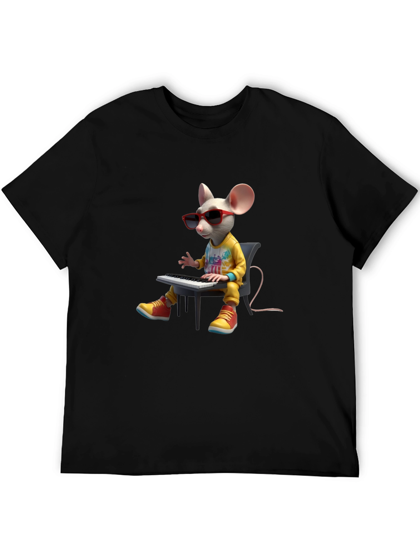 Black Cool Mouse Playing Piano Black T-Shirt view 5