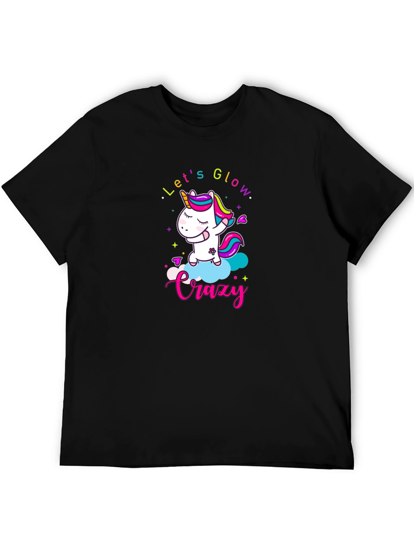 Black Let's Glow Crazy Unicorn Black T-Shirt view 5