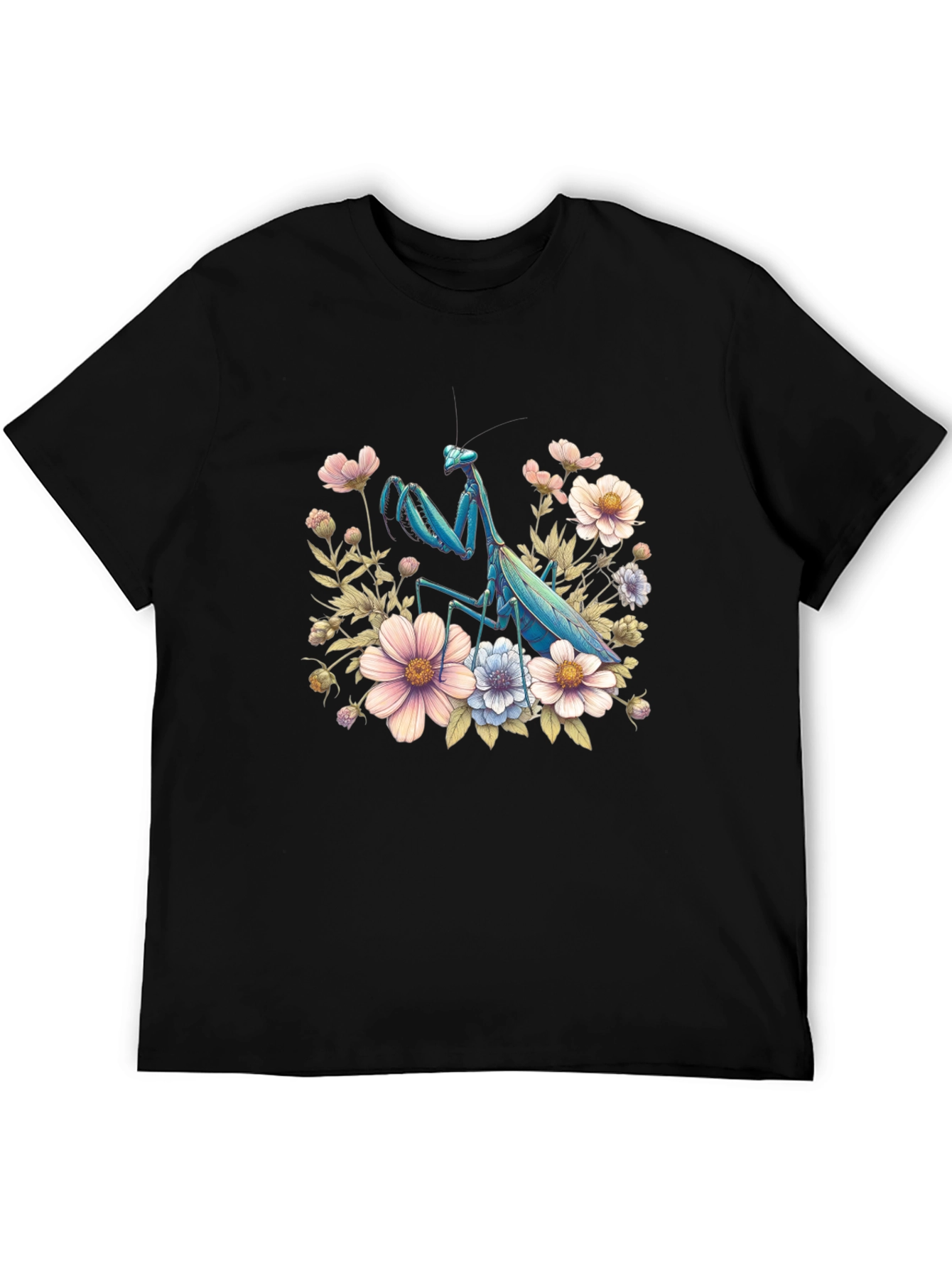 Black Floral Mantis Graphic Tee - Unique Bug Design view 5