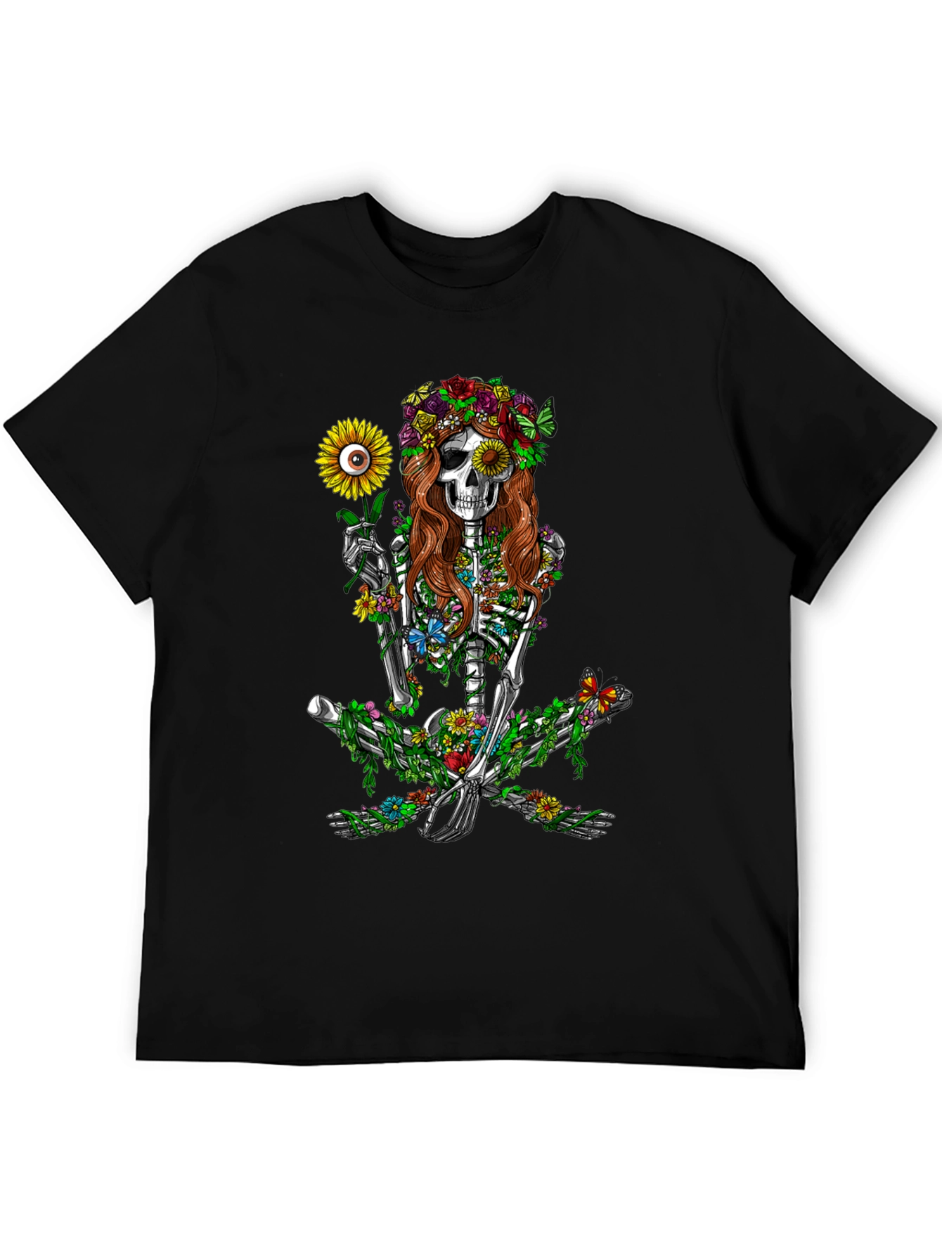 Black Floral Skeleton Graphic T-Shirt - Unisex Black Tee view 5
