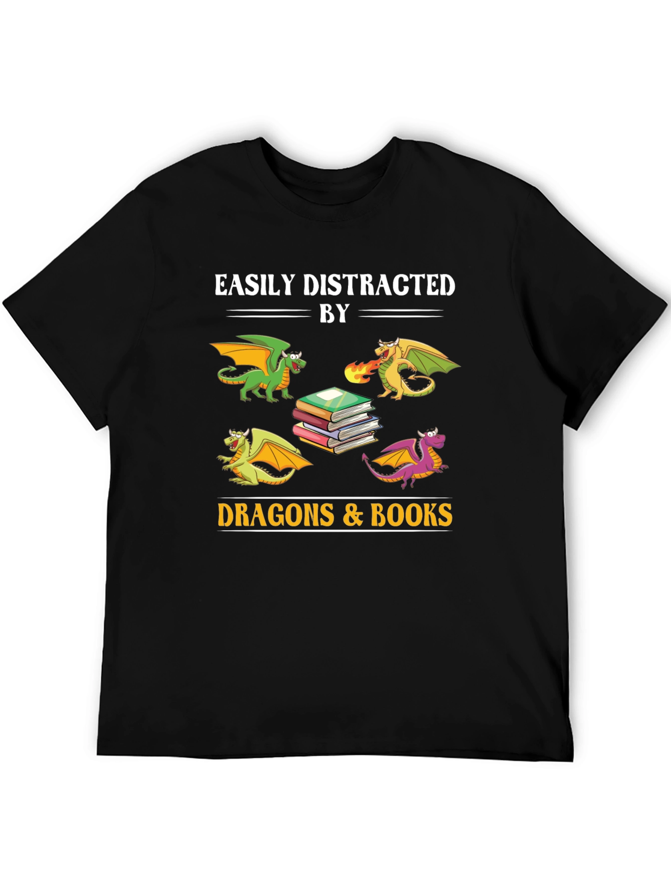 Black Easily Distracted by Dragons and Books T-Shirt view 5
