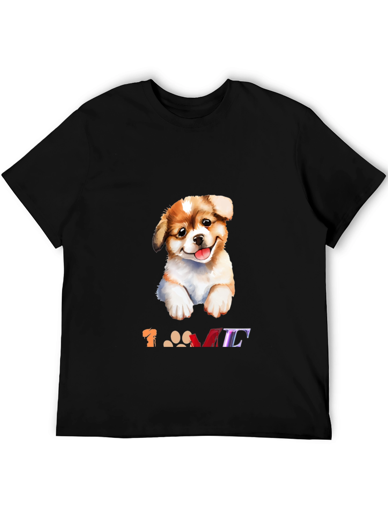 Black Cute Puppy Dog "Love" Graphic Black T-Shirt view 5