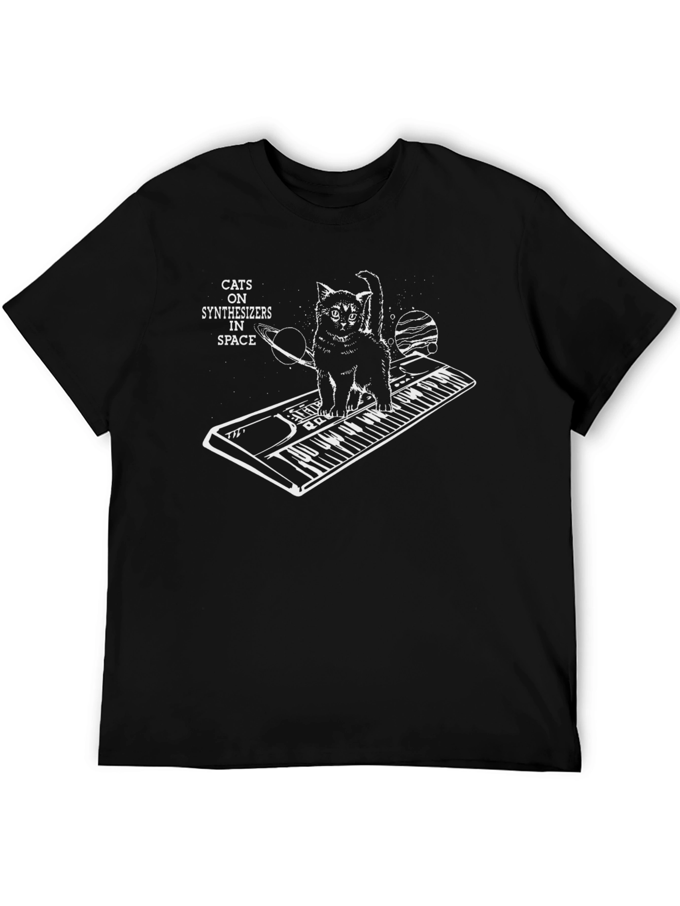 Black Cats on Synthesizers in Space Graphic T-Shirt view 5