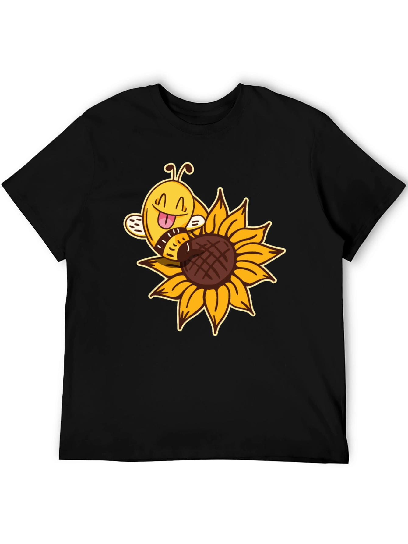 Black Cute Bee on Sunflower Black T-Shirt view 5
