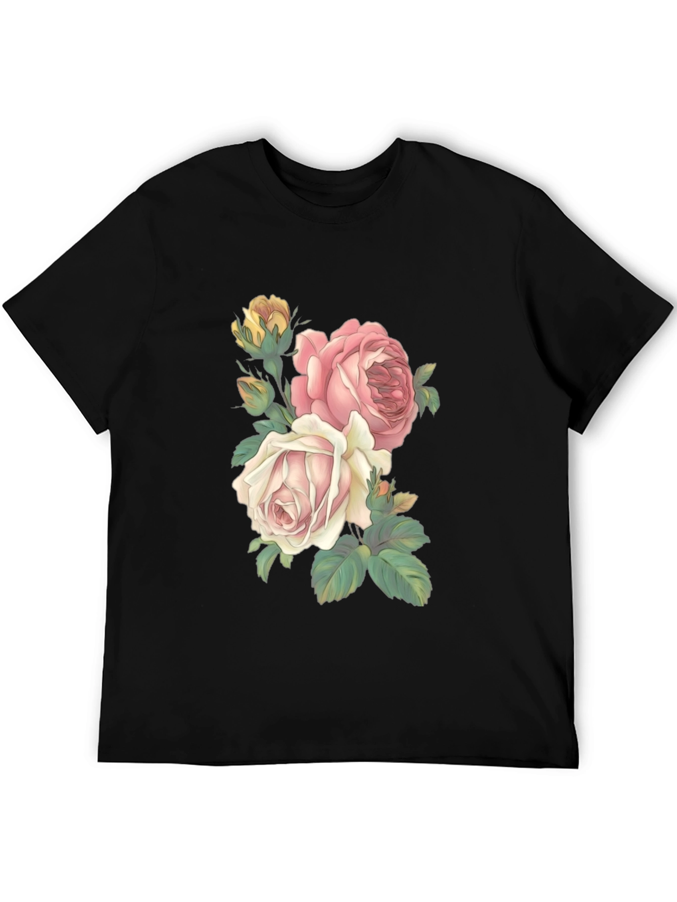Black Floral Print T-Shirt - Elegant Rose Design view 5