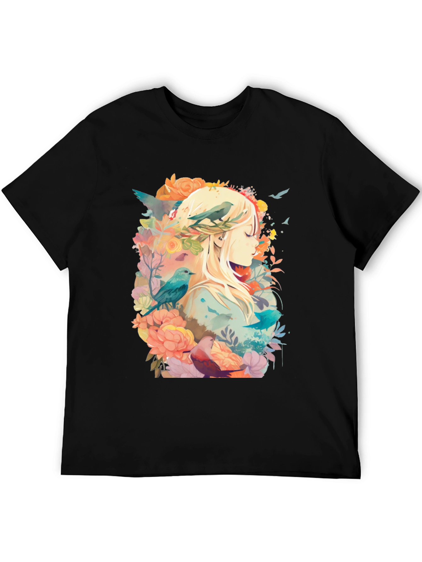 Black Nature's Embrace Tee - Floral Bird Design view 5