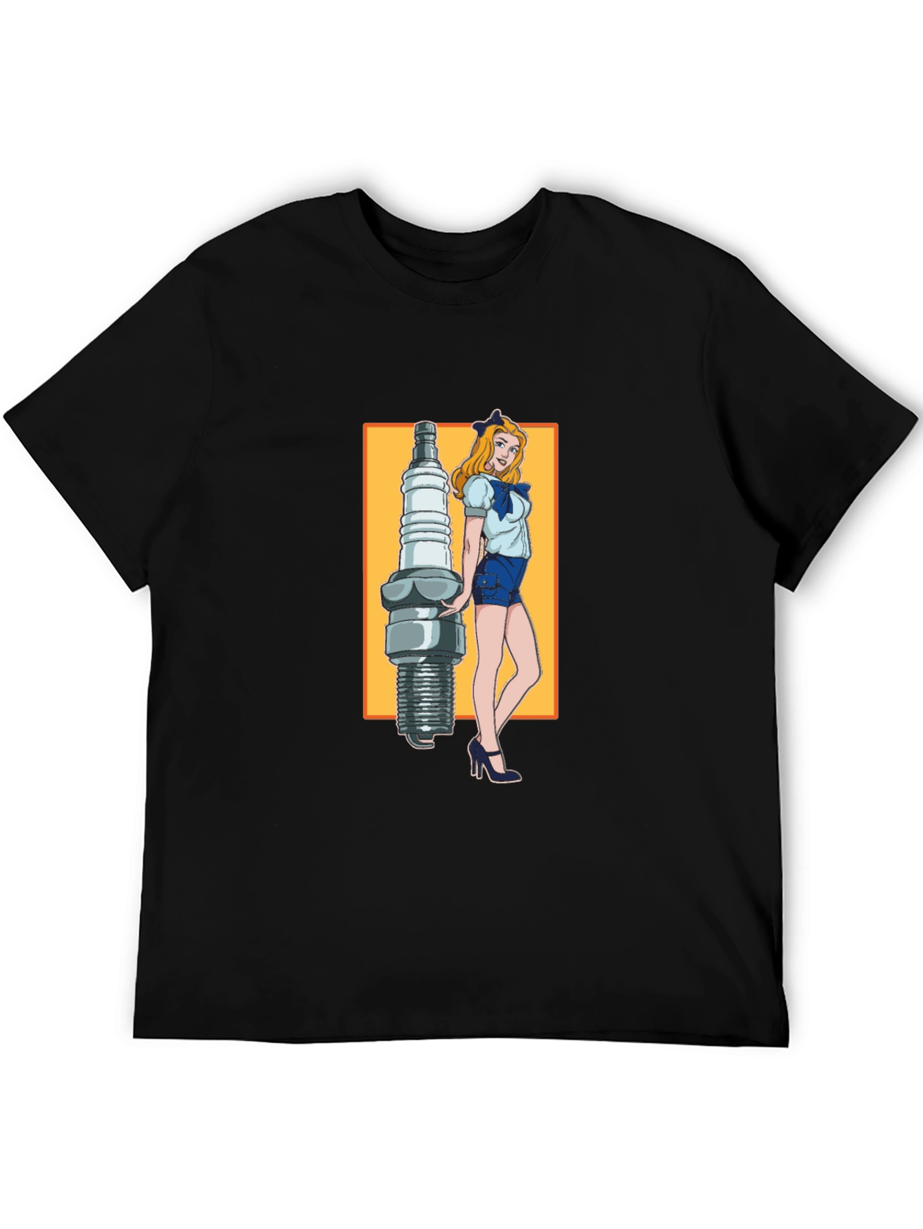 Black Cartoon Spark Plug Girl Black T-Shirt view 5