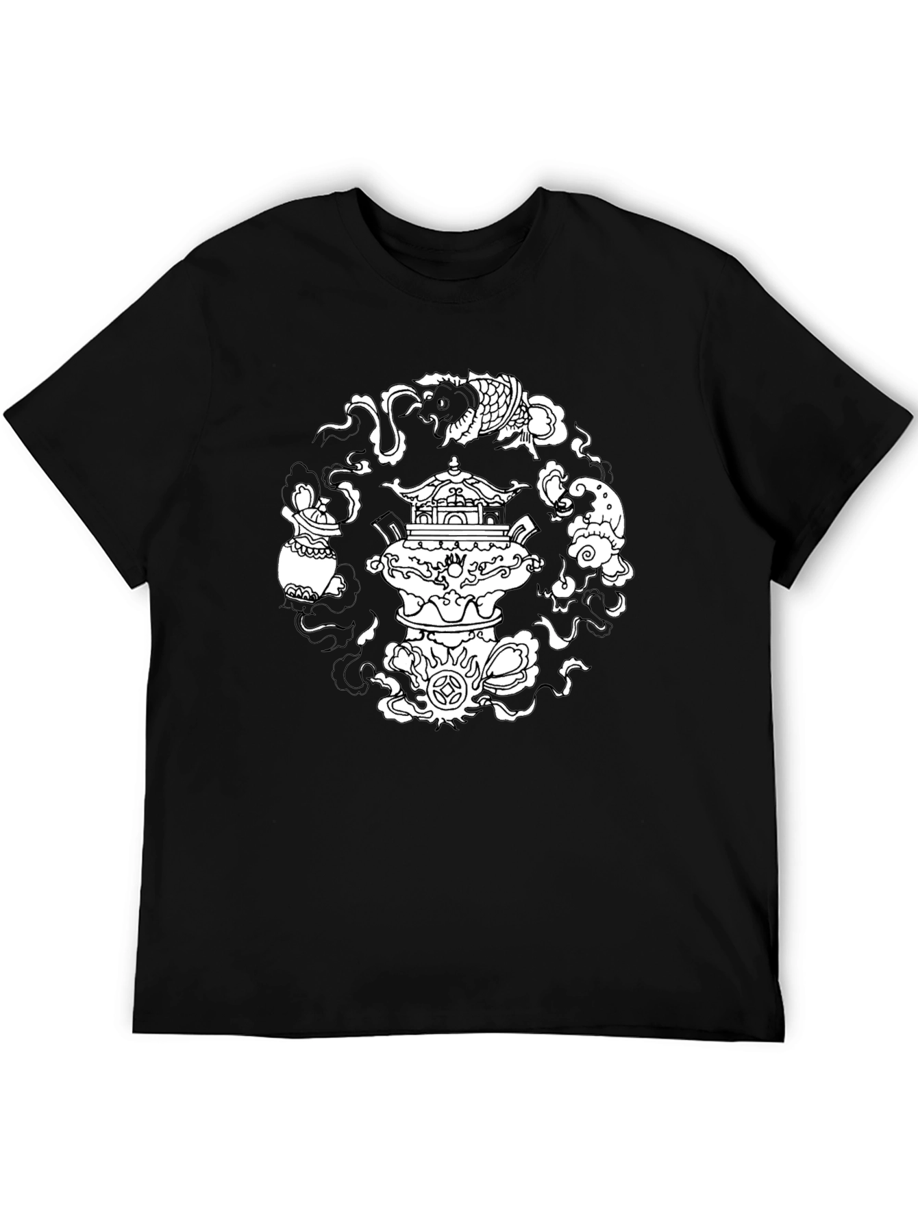 Black T-Shirt with Asian-Inspired White Graphic Design - 5