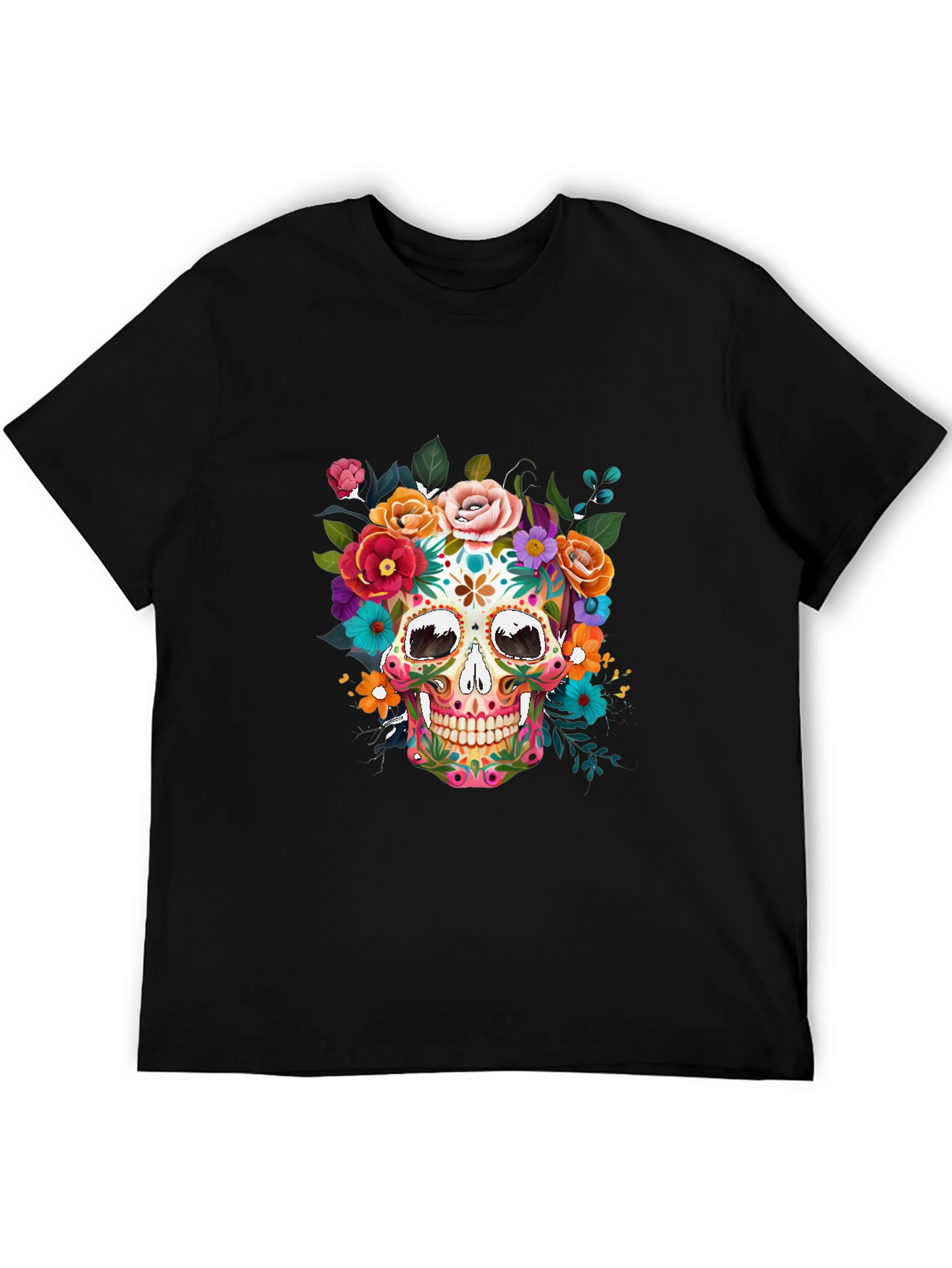 Black Floral Sugar Skull Graphic Tee - Dia de los Muertos view 5