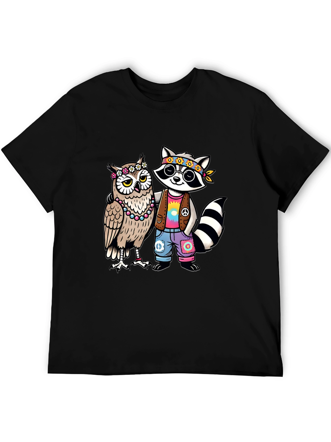 Hippie Owl & Raccoon Black T-Shirt - 5