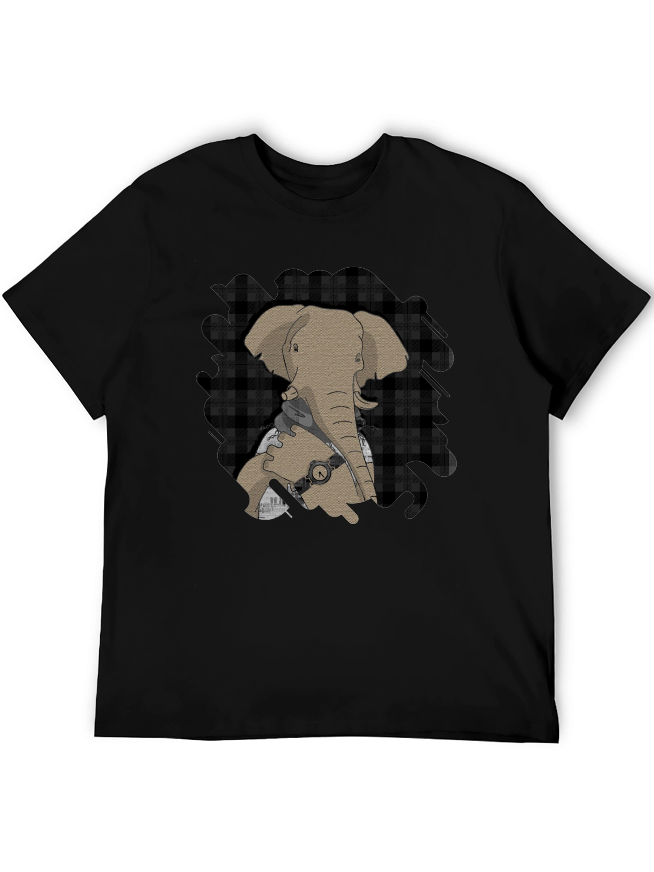 Black Elephant Graphic Tee - Stylish Plaid Accent view 5