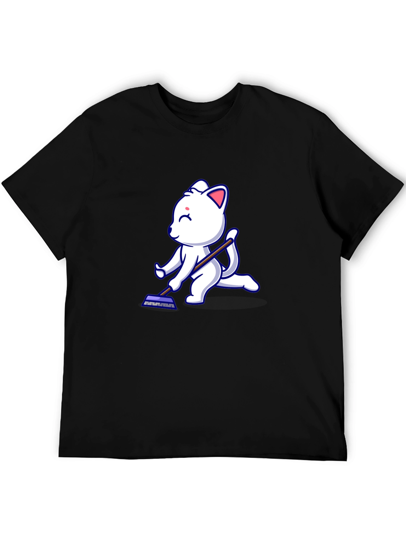 Black Cute Cat Cleaning T-Shirt - Black Cotton Tee view 5