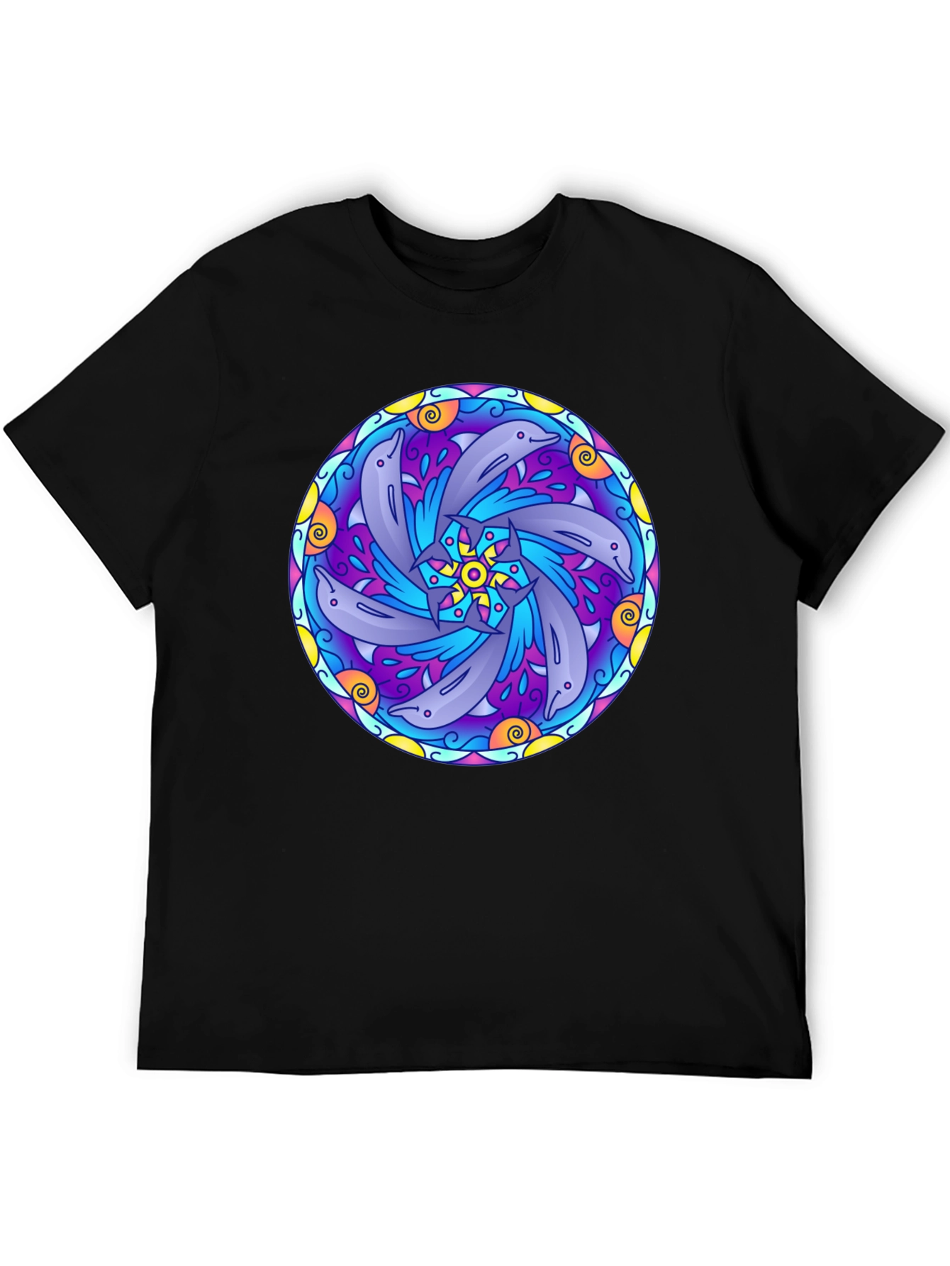 Black Dolphin Mandala Graphic Tee - Black Cotton T-Shirt view 5