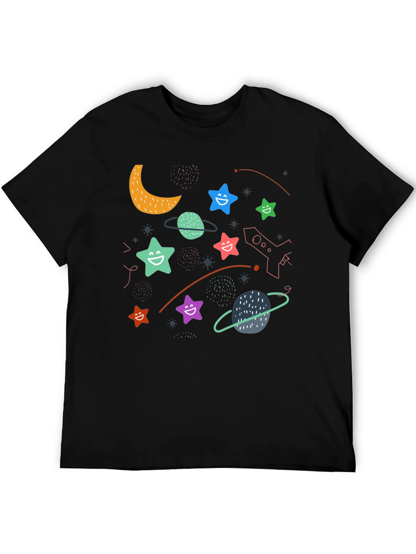 Black Cosmic Smiles Black T-Shirt: Stars, Planets, Rocket Fun! view 5