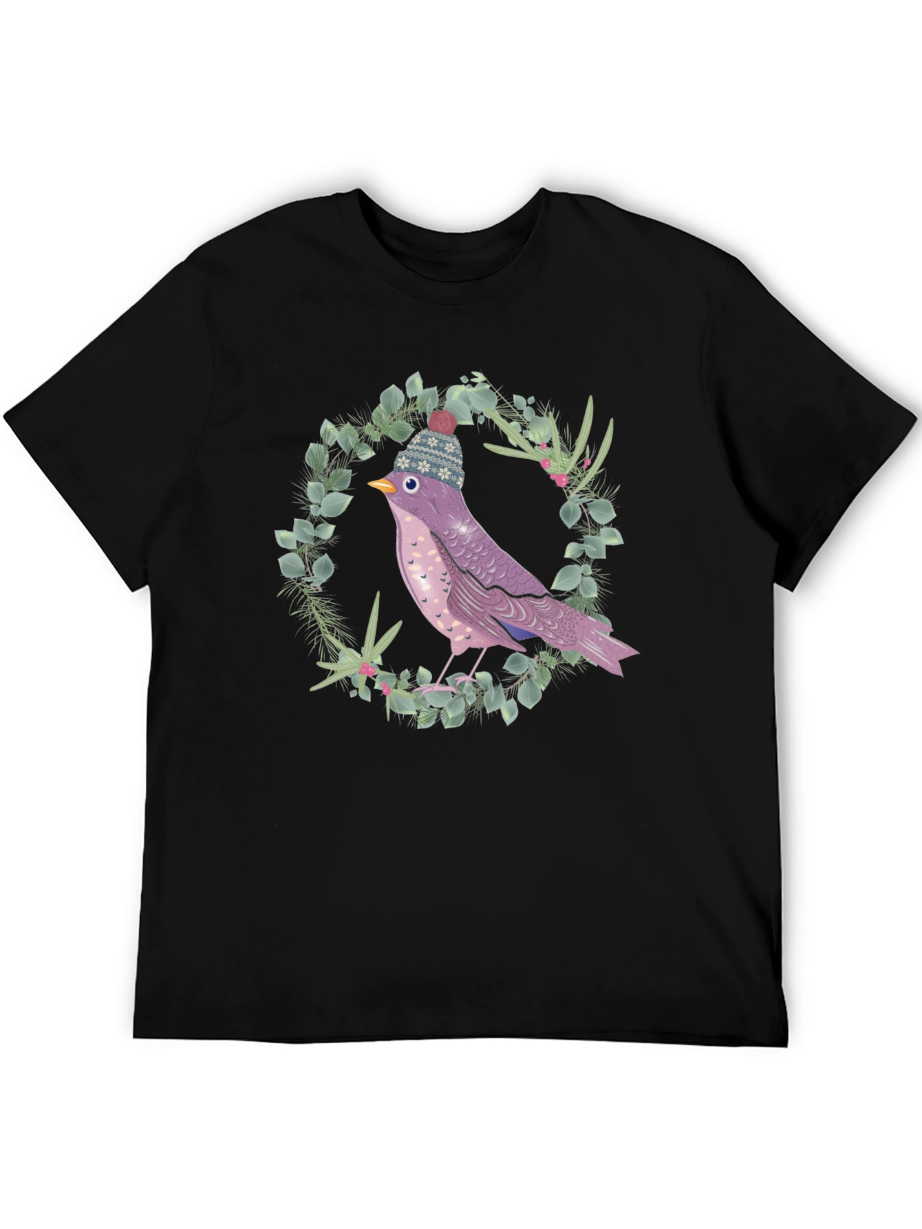 Black Whimsical Bird in Winter Hat T-Shirt view 5