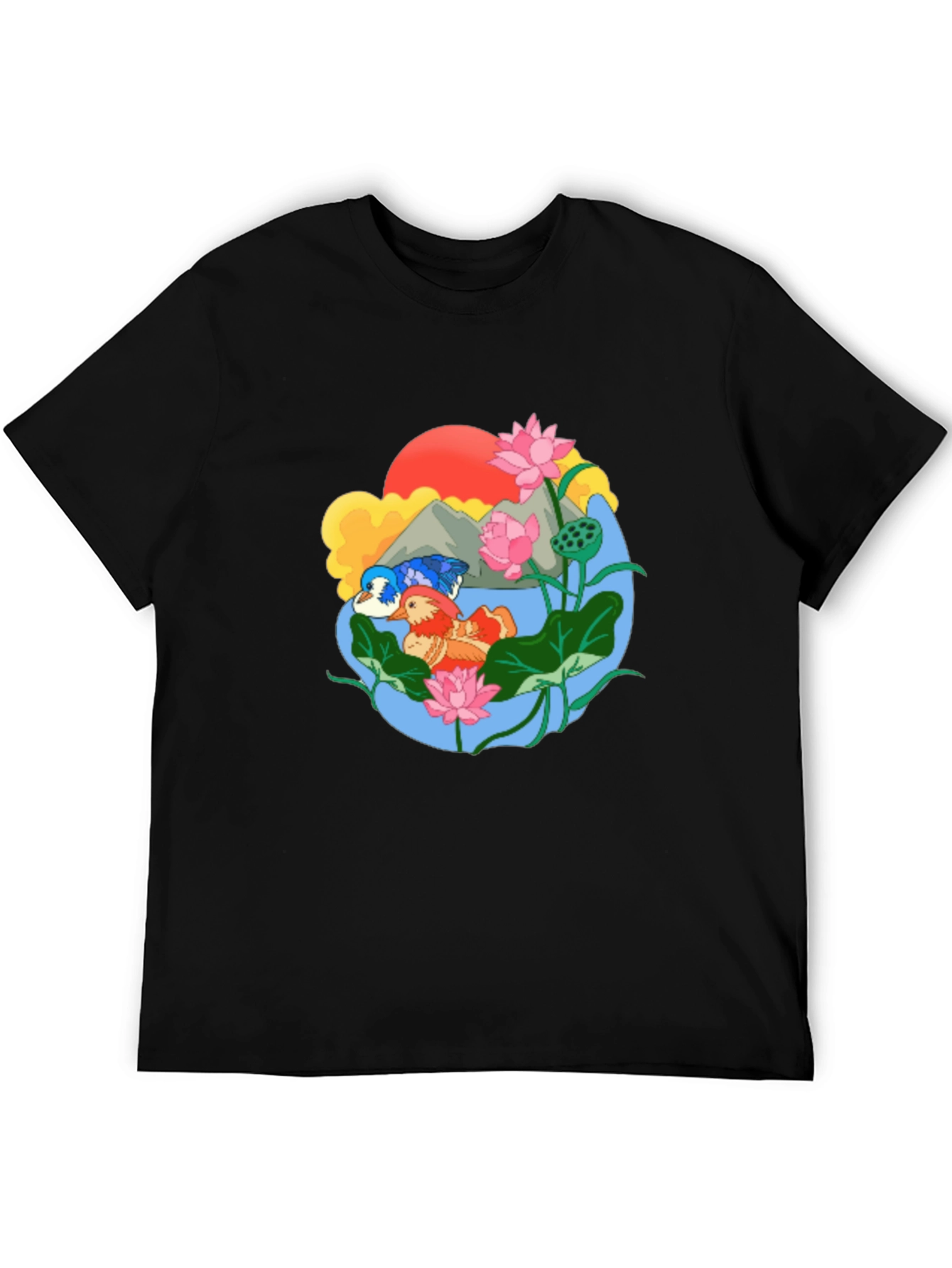 Black Mandarin Duck Lotus Pond Graphic Tee view 5