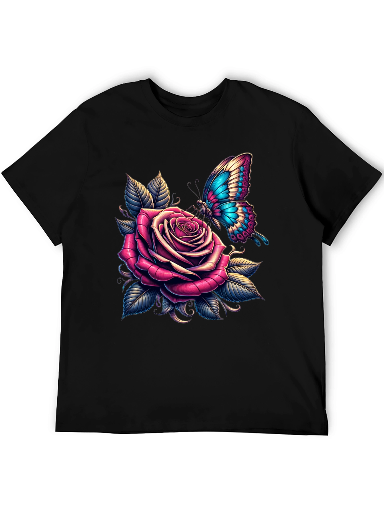 Black Rose & Butterfly Graphic Tee - Stylish Black T-Shirt view 5
