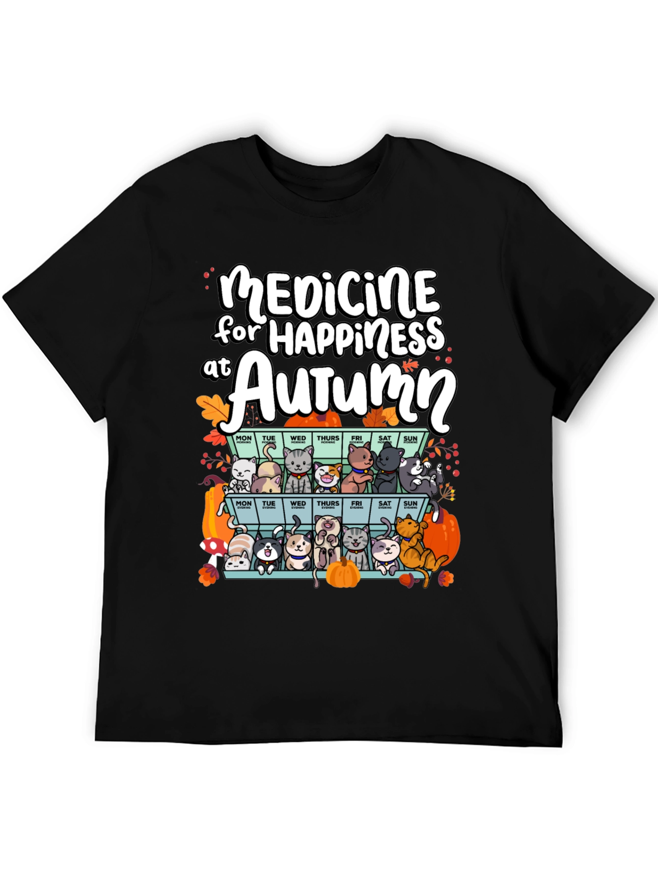 Black Autumn Cats Happiness Medicine T-Shirt view 5