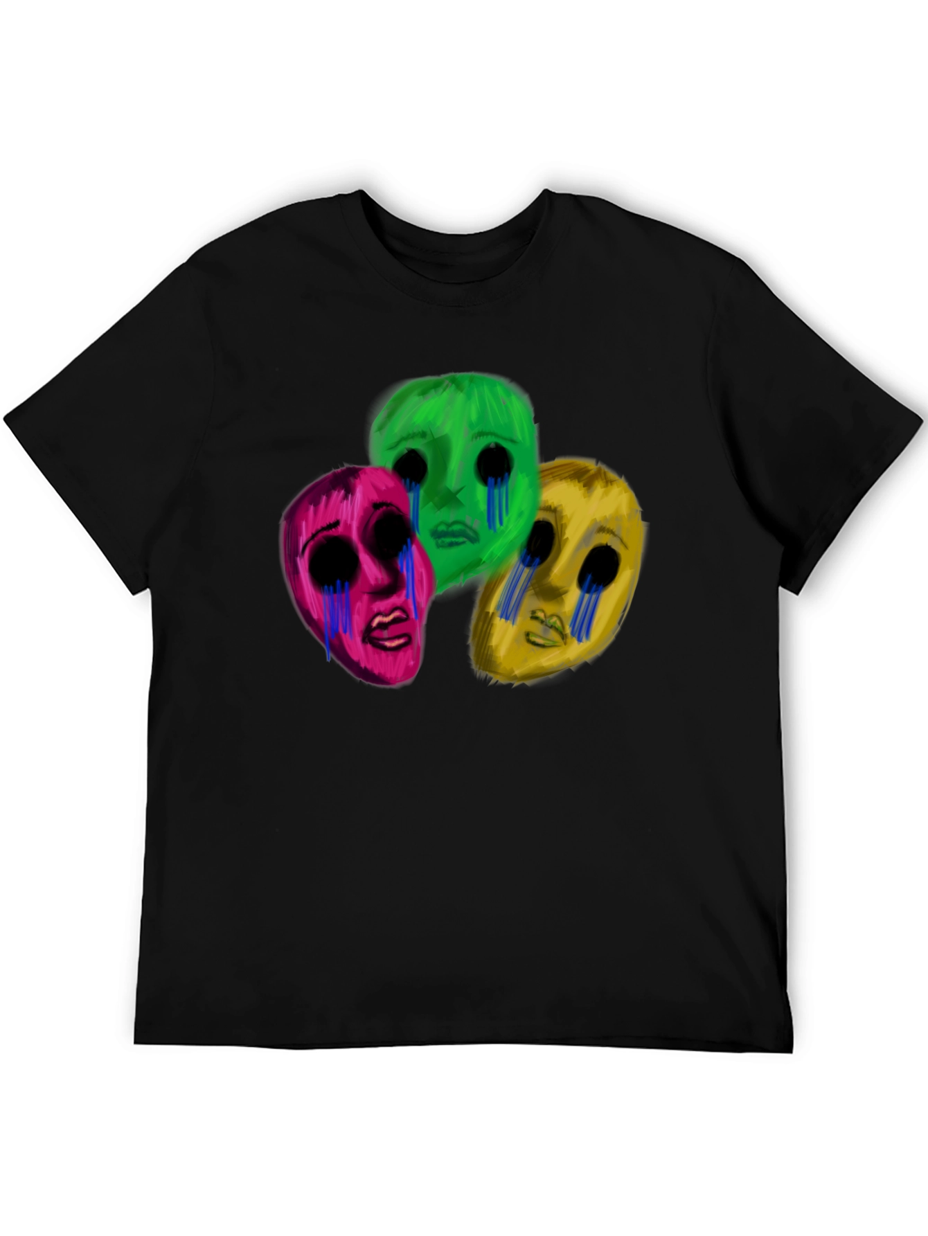 Black Men's Black T-Shirt with Three Crying Faces view 5