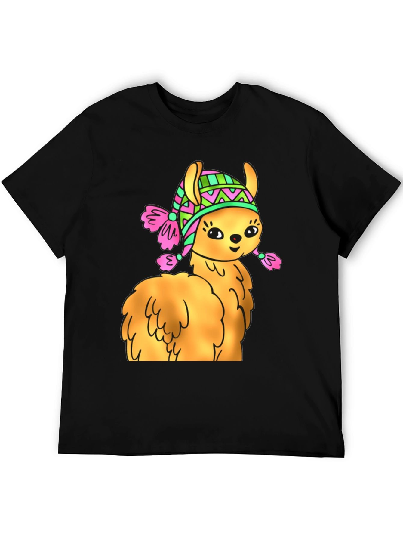 Black Cute Llama Wearing Hat T-Shirt view 5