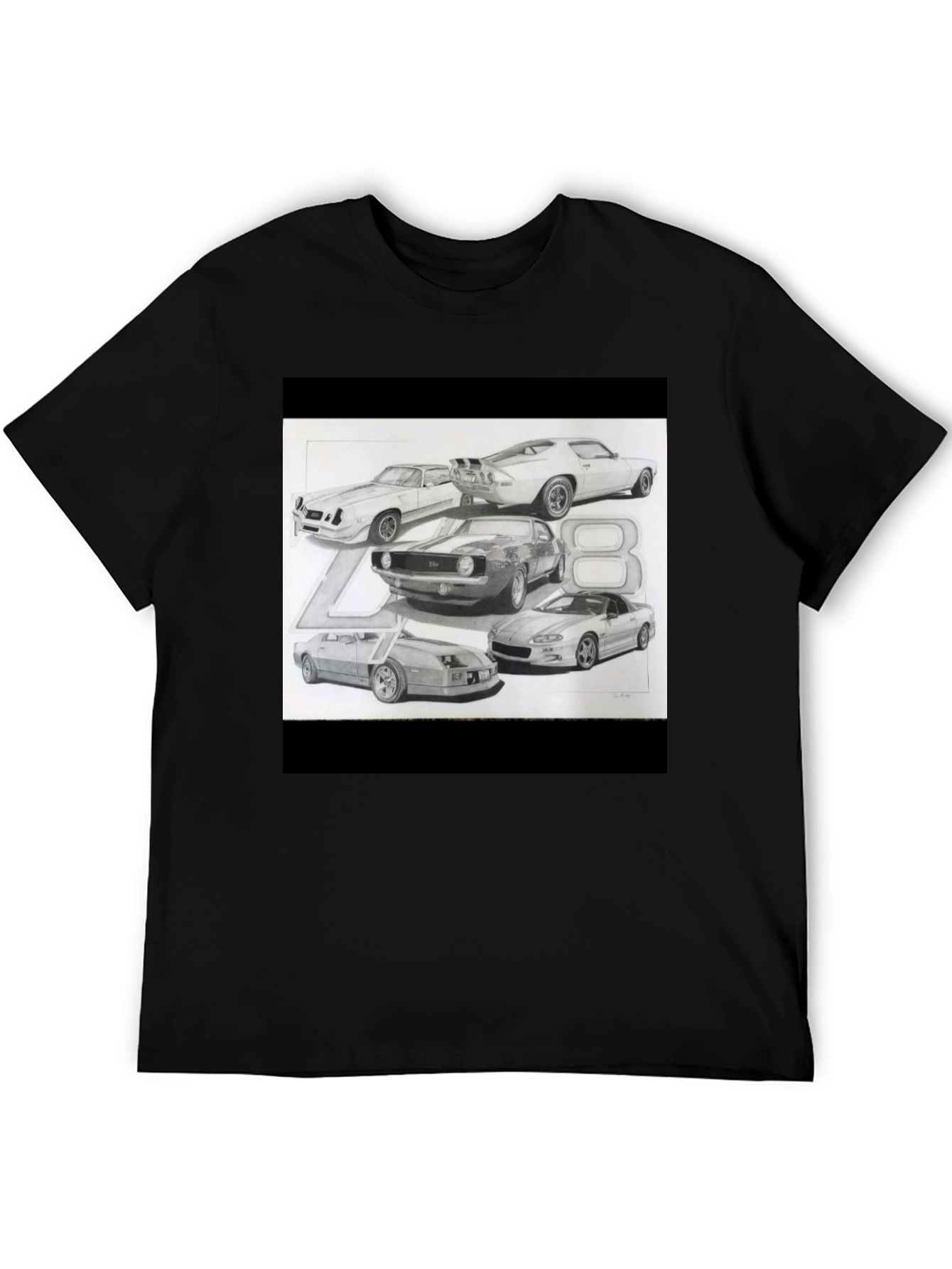 Black Classic Car Sketch Black Tee view 5
