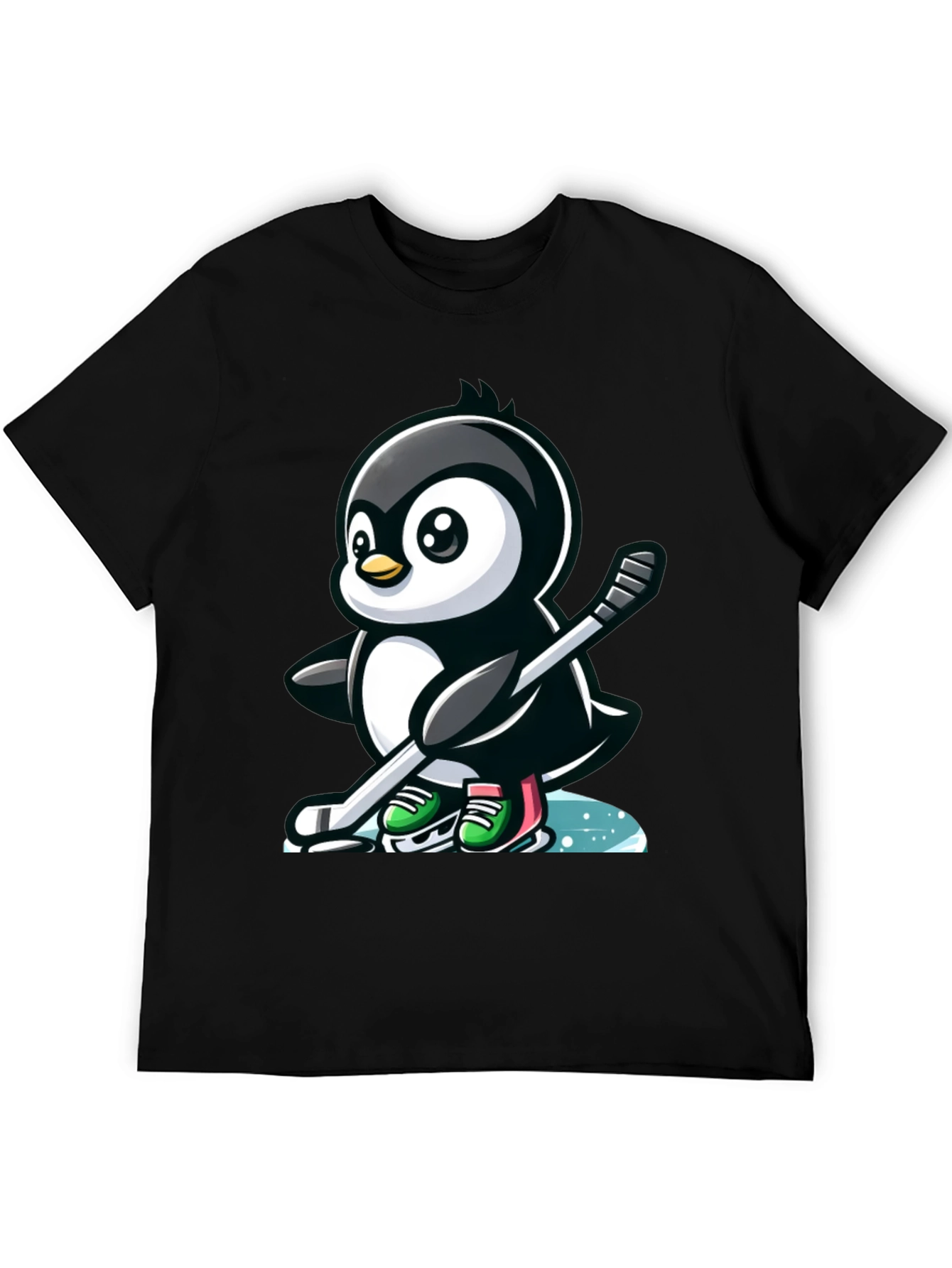 Black Hockey Penguin T-Shirt - Cool Cartoon Tee view 5