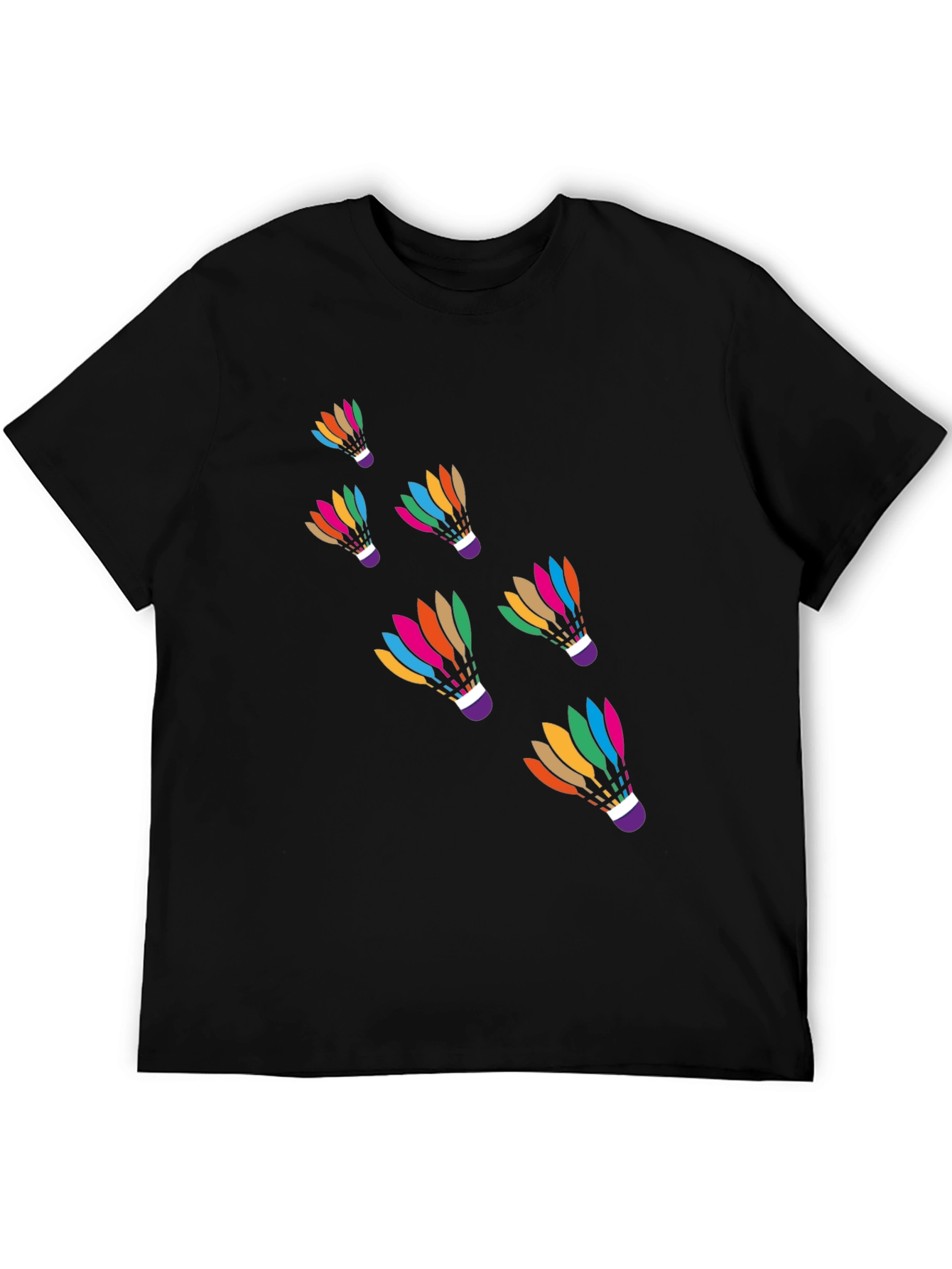 Black Colorful Badminton Shuttlecock Graphic Tee - Black Cotton T-Shirt view 5