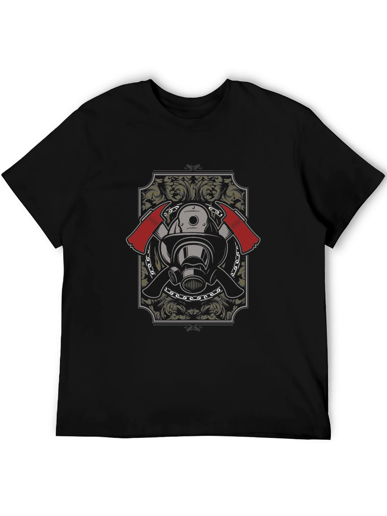 Black Firefighter Helmet & Axes Graphic Black T-Shirt view 5