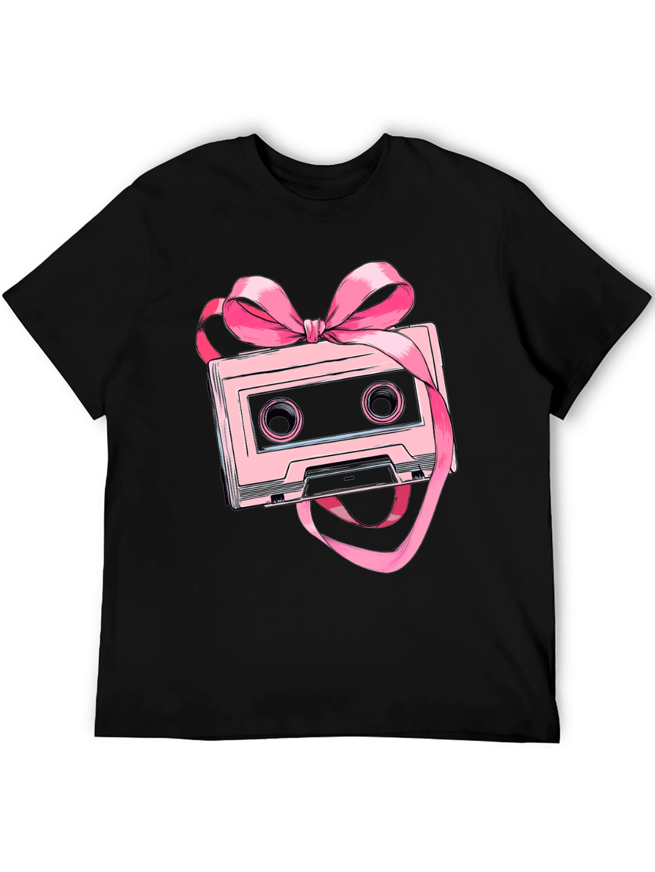 Black Retro Cassette Tape Pink Bow T-Shirt view 5