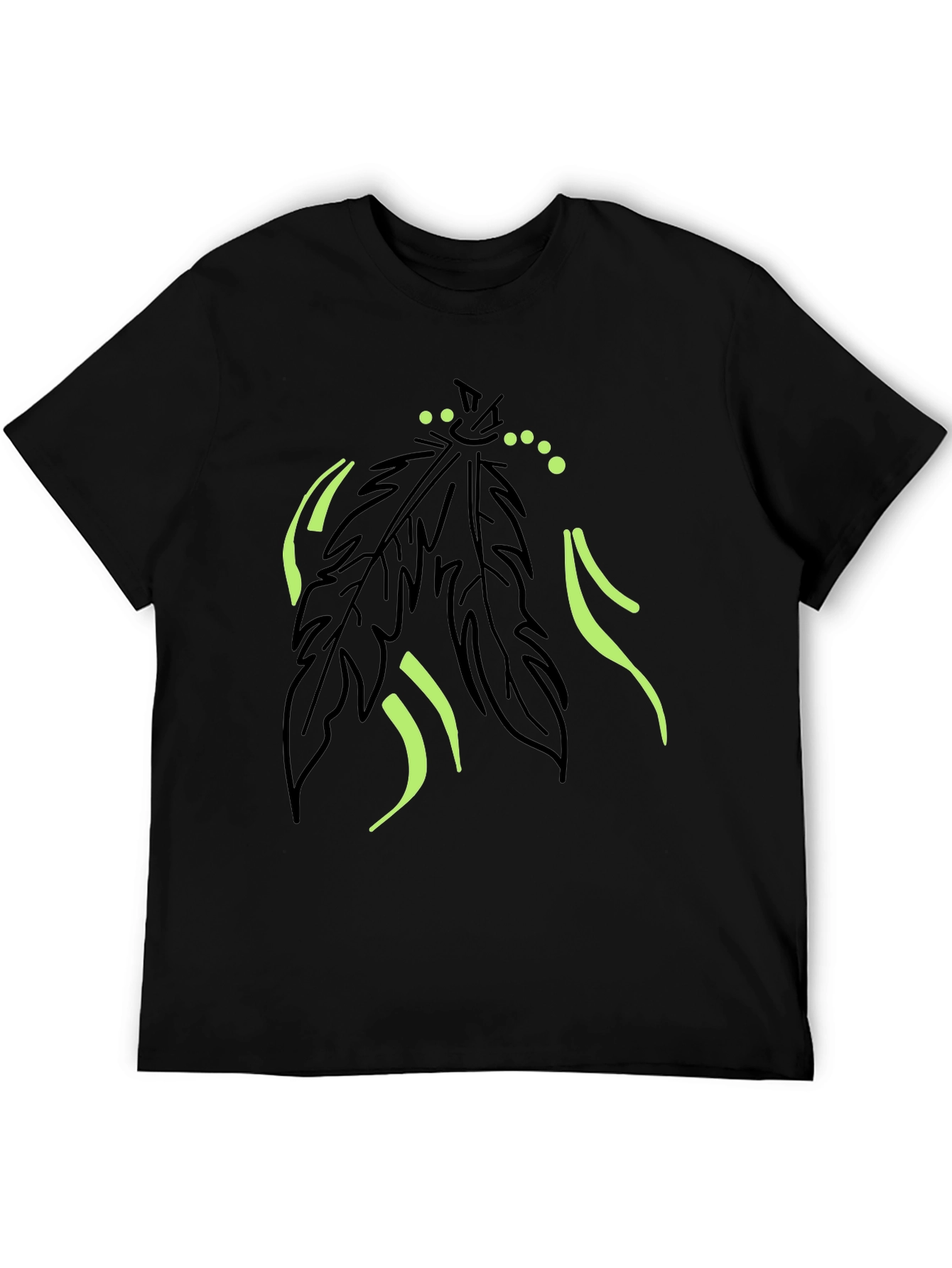 Black Men's Black T-Shirt with Feather Graphic Design view 5