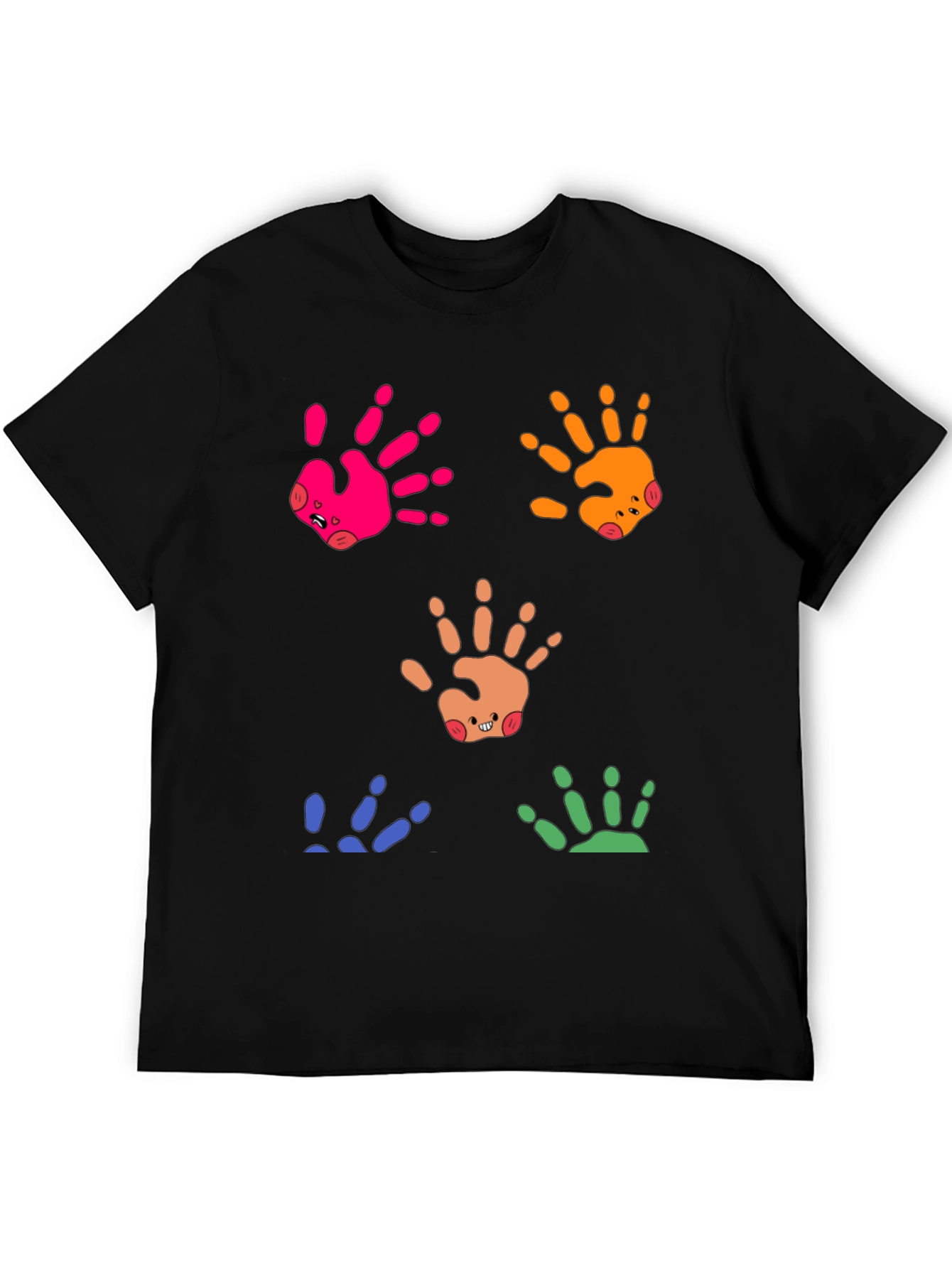 Black Colorful Handprint Graphic Tee - Whimsical Casual Wear view 5