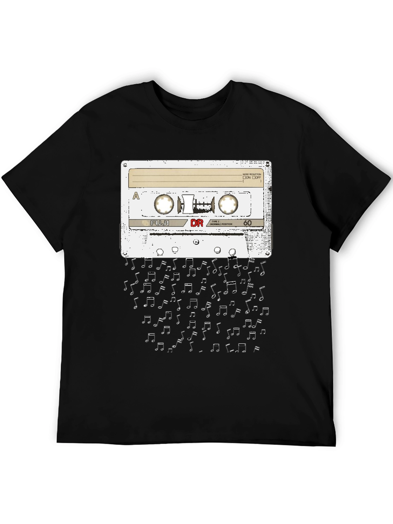 Black Retro Cassette Tape Music Notes Graphic T-Shirt view 5