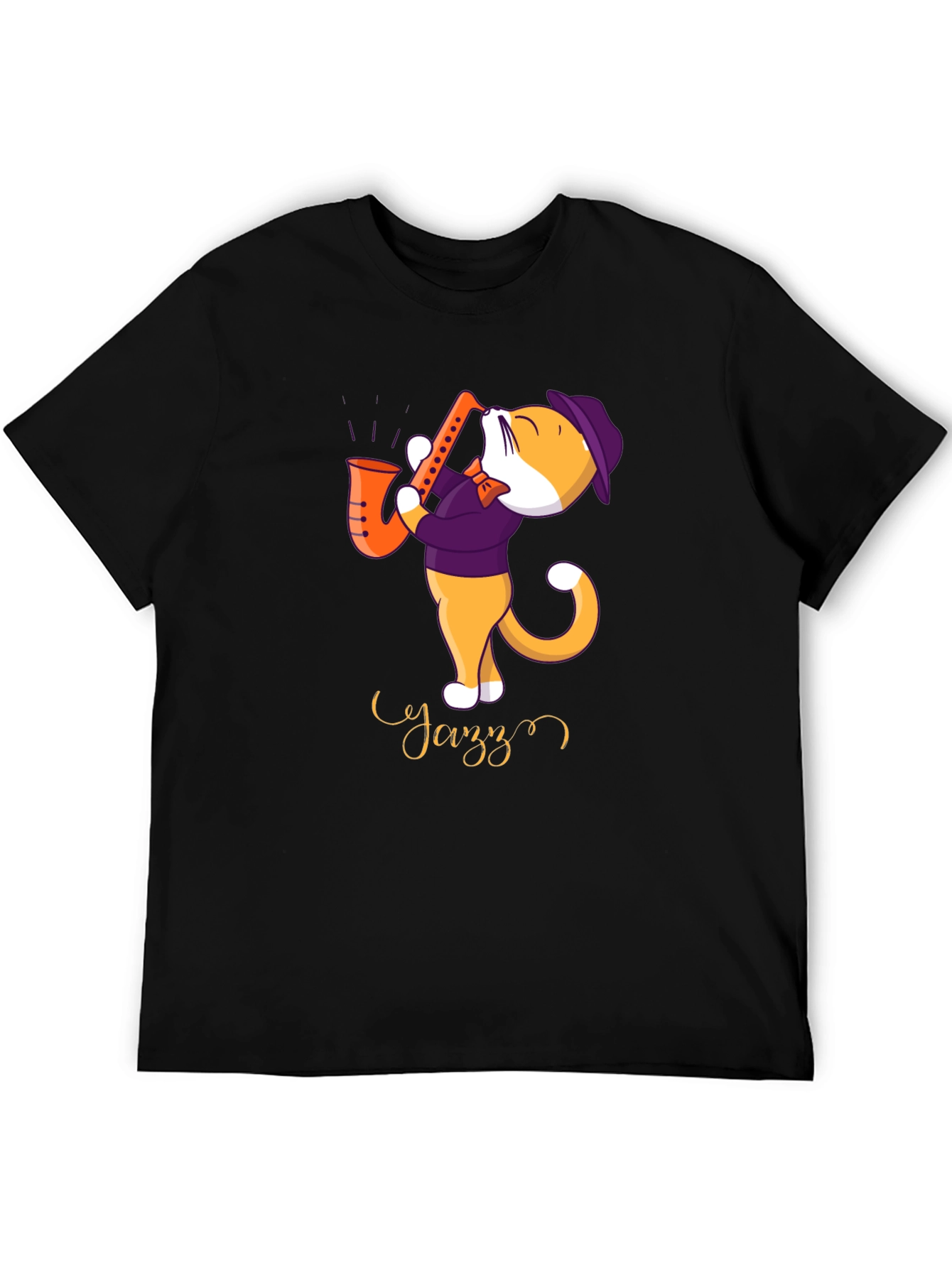 Black Jazz Cat T-Shirt - Cool Cat Playing Saxophone view 5