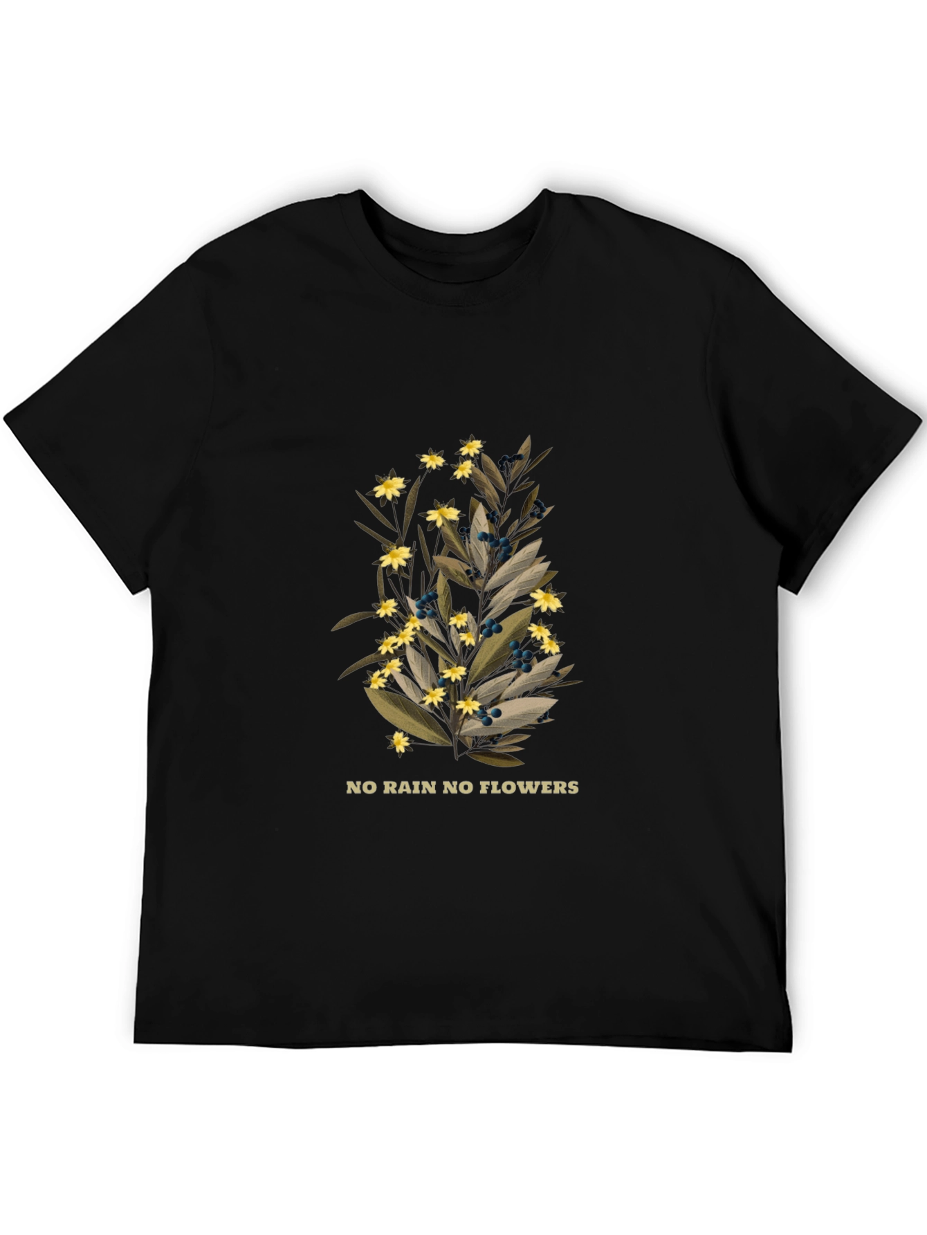 Black Botanical Black T-Shirt - No Rain No Flowers Graphic view 5