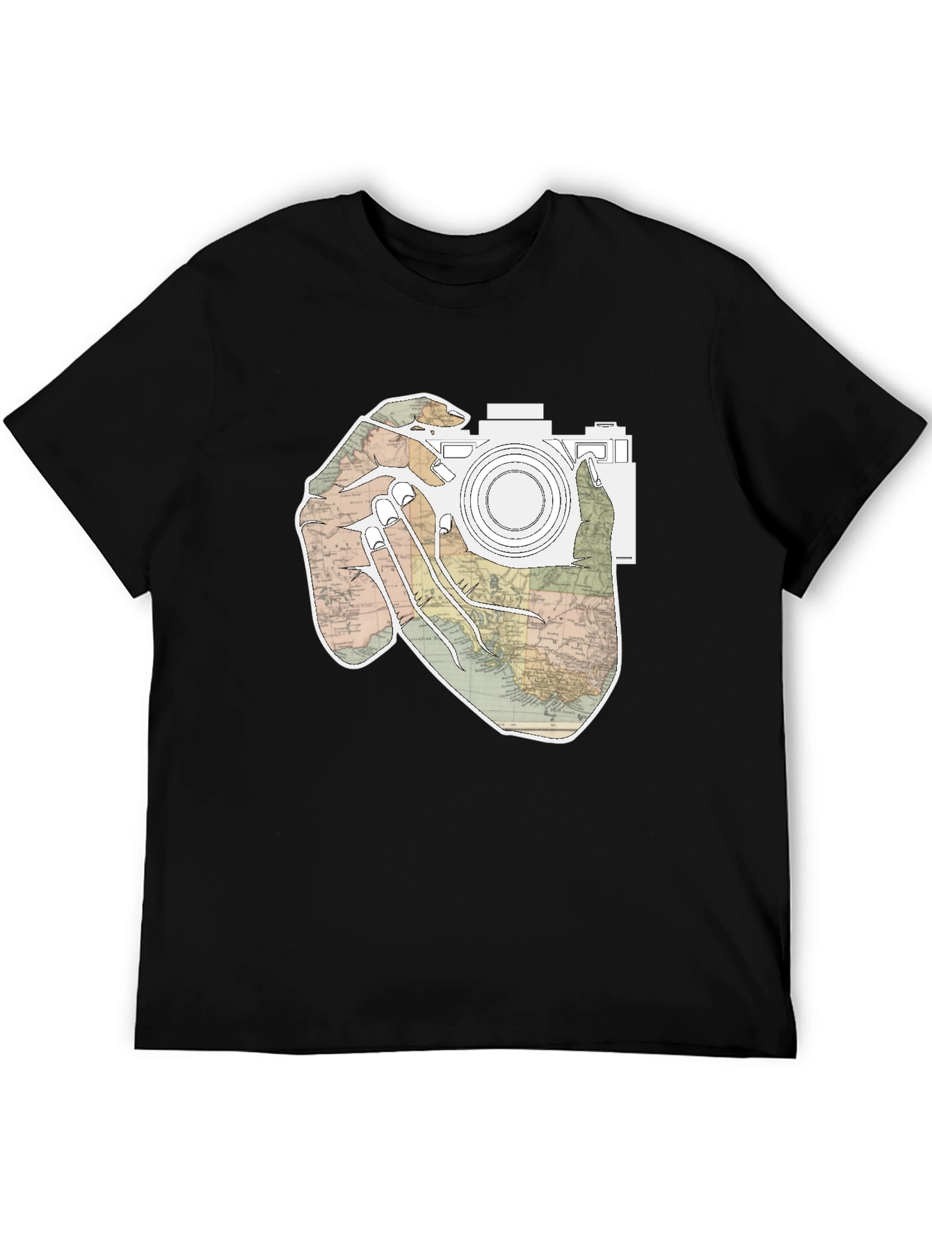 Black World Map Camera T-Shirt view 5