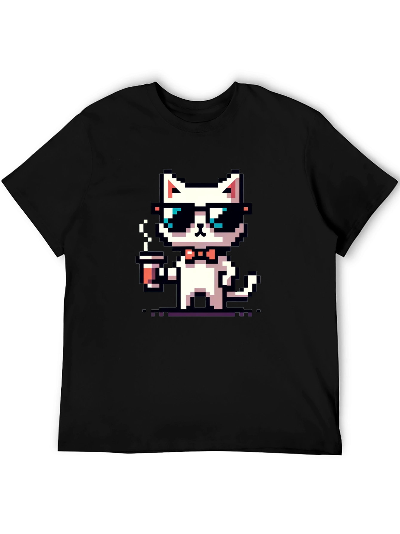 Black Cool Pixel Cat Coffee T-Shirt view 5