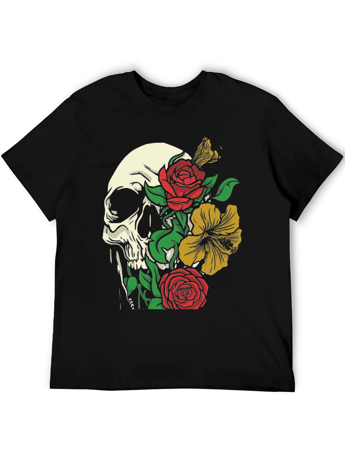 Black Skull & Floral Graphic Tee - Trendy Style view 5