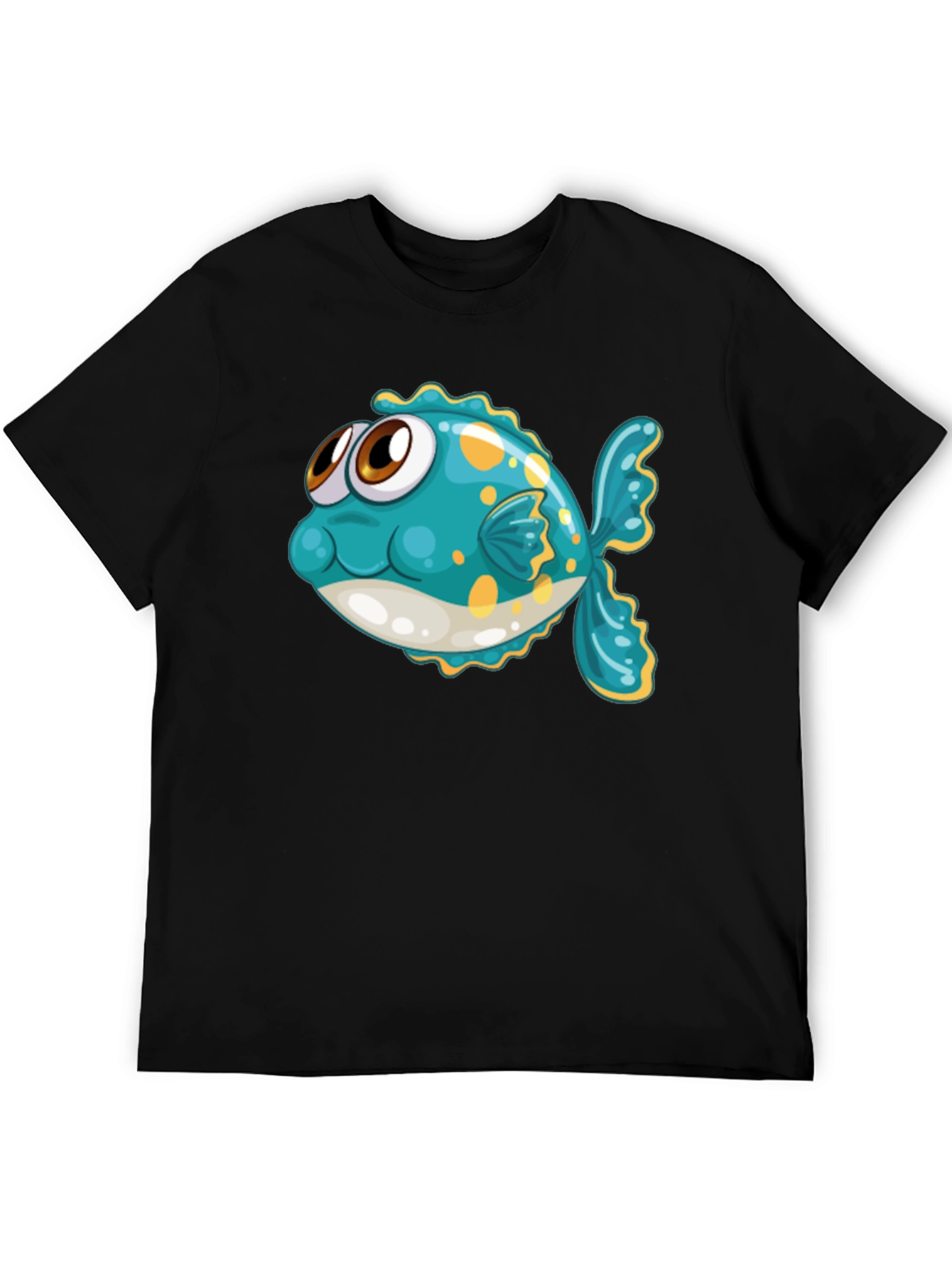 Black Cartoon Fish Graphic Tee - Black Cotton T-Shirt view 5