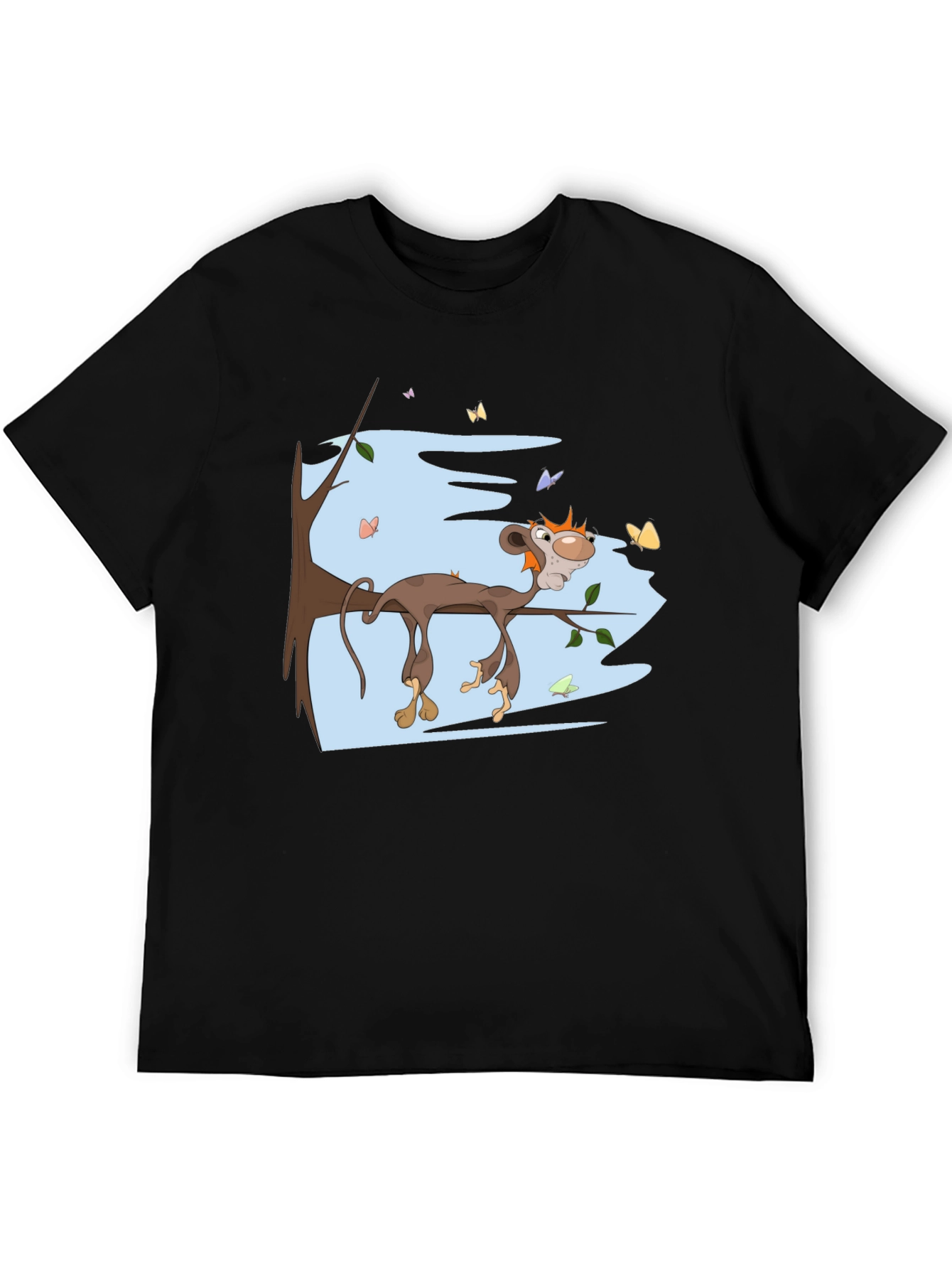 Black Cartoon Monkey Relaxing on Branch Black Tee view 5