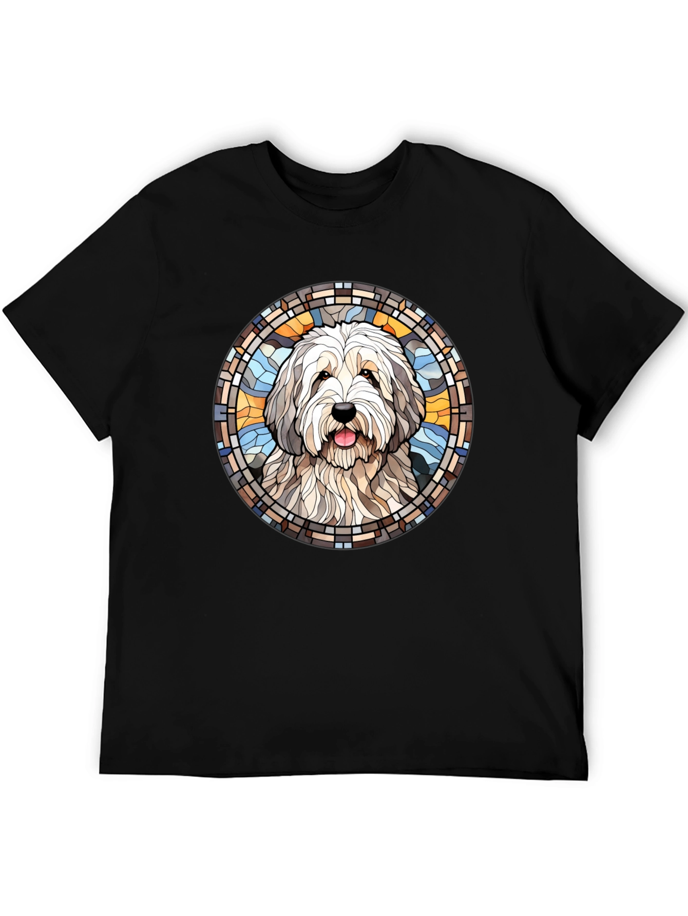 Black Dog Portrait Stained Glass Style Tee view 5