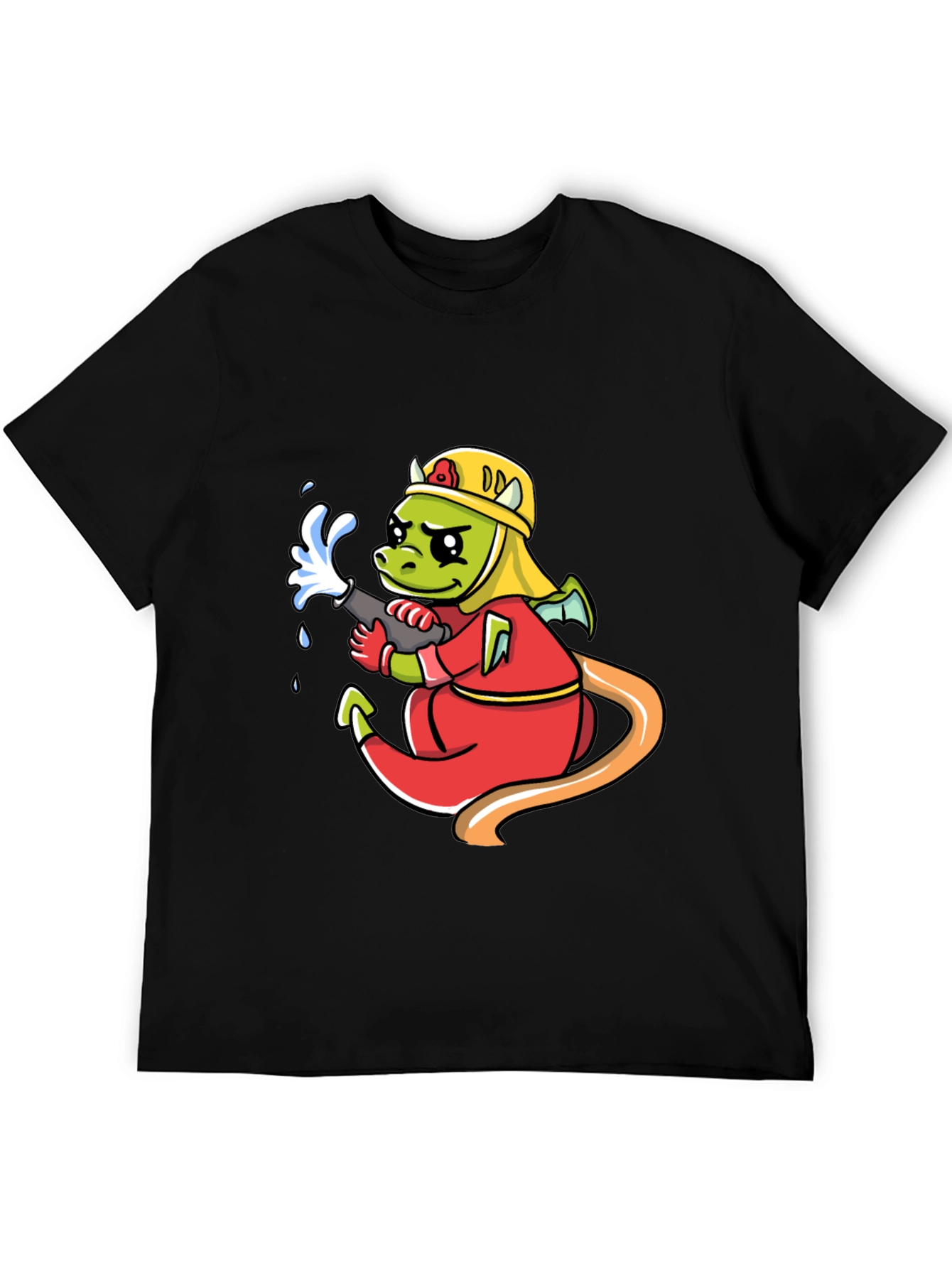 Black Cartoon Dragon Firefighter Graphic T-Shirt view 5