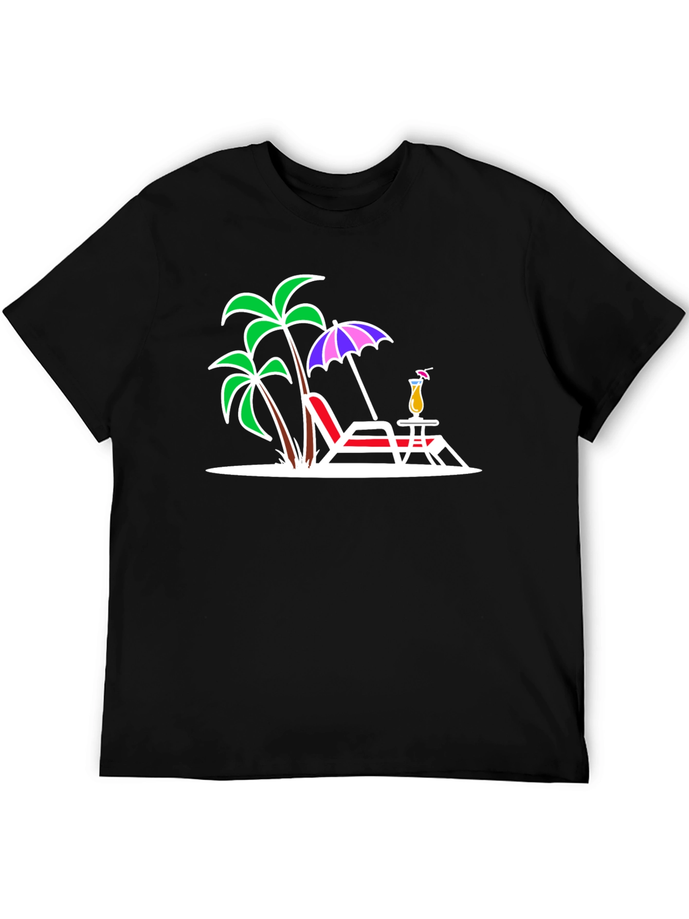 Black Tropical Beach T-Shirt: Palm Trees, Chair, & Cocktail Design view 5