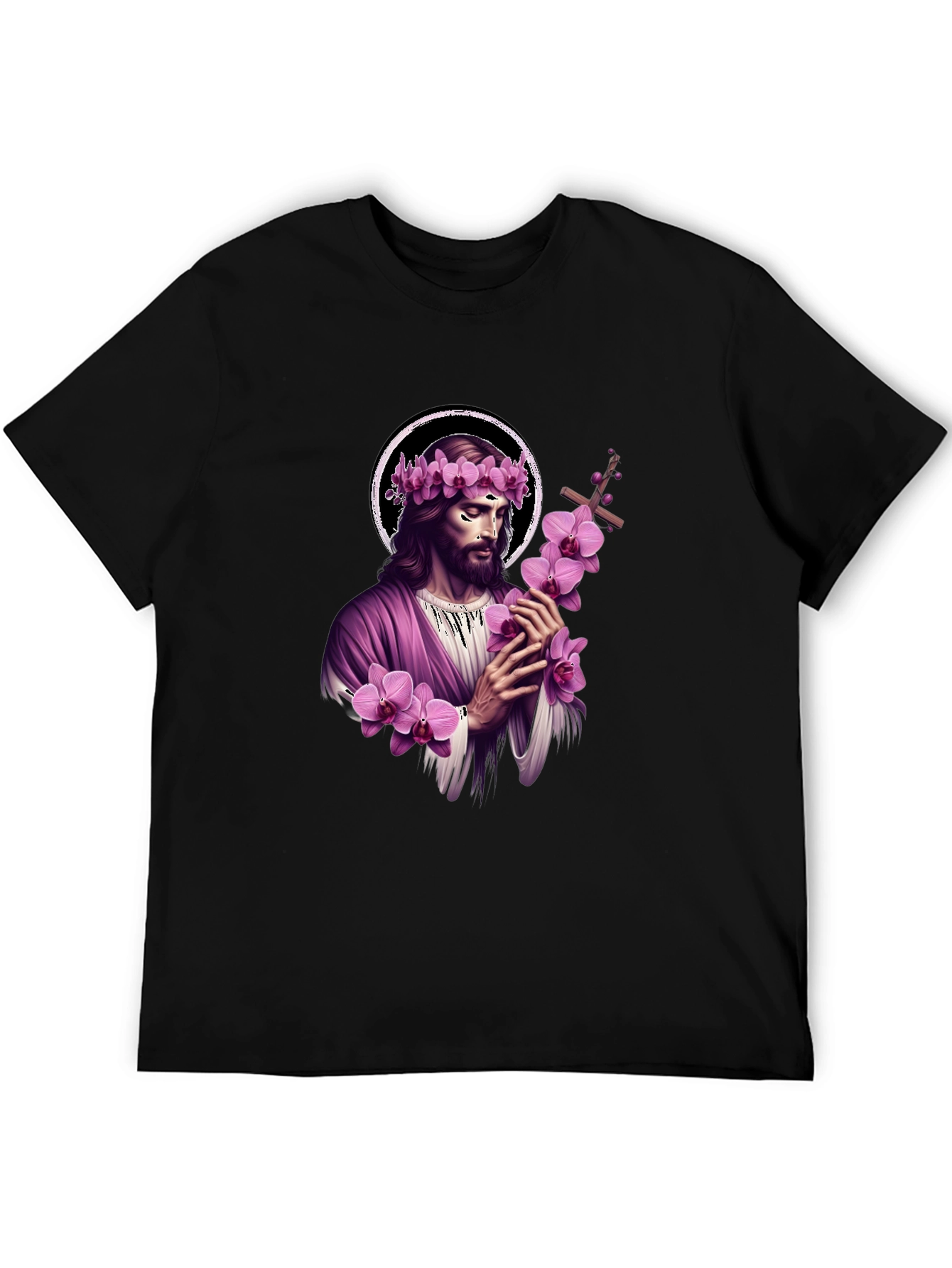 Black Jesus with Flowers Graphic T-Shirt - Soft Black Cotton Blend view 5