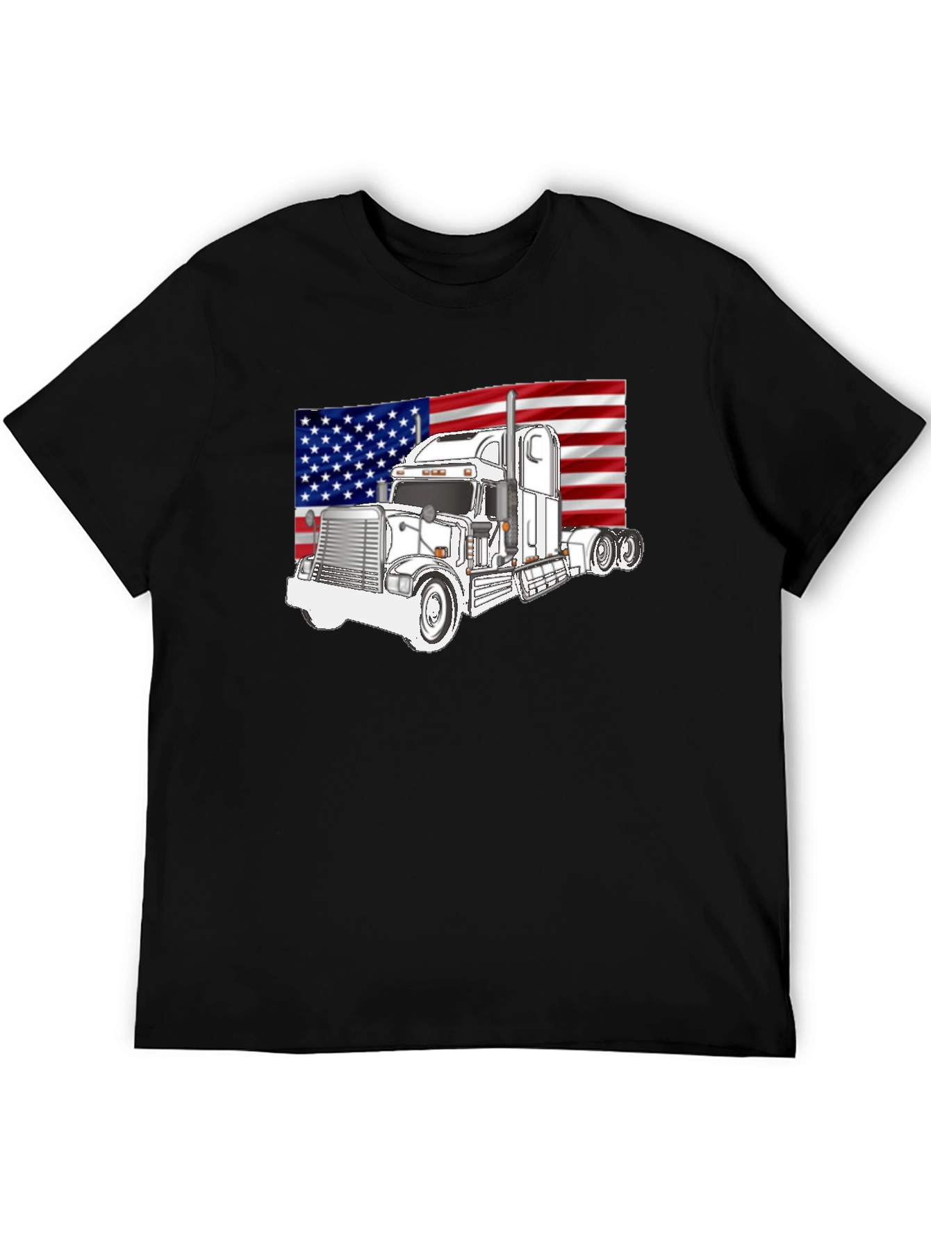 Black Trucker Pride Tee: American Flag Semi Truck Graphic T-Shirt view 5