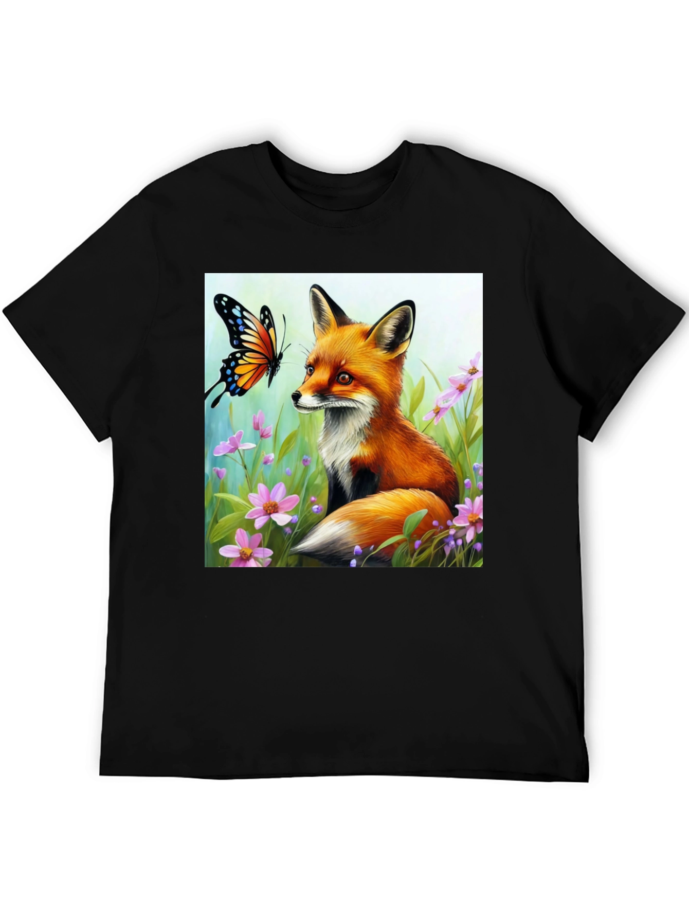 Black Fox & Butterfly Graphic Tee - Nature Lover's Shirt view 5