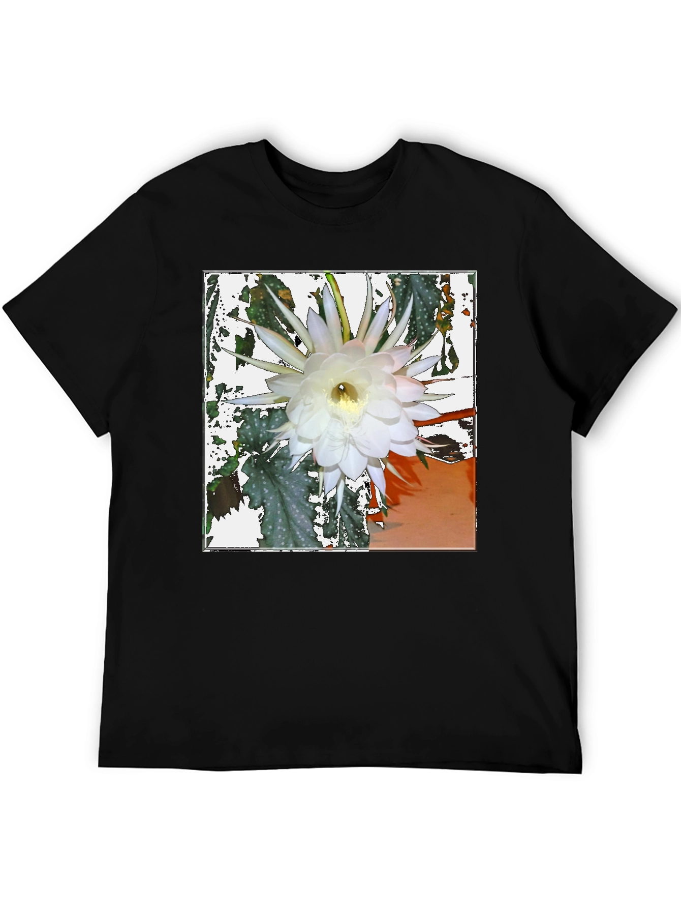 Black Floral Print Tee - Night Blooming Cereus Design view 5