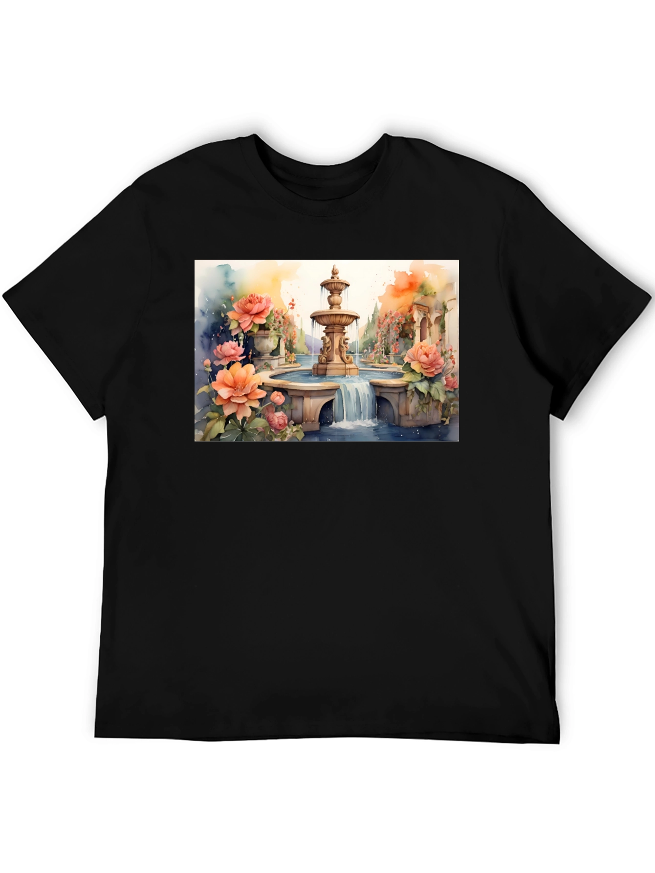 Black Floral Fountain Watercolor Art T-Shirt view 5
